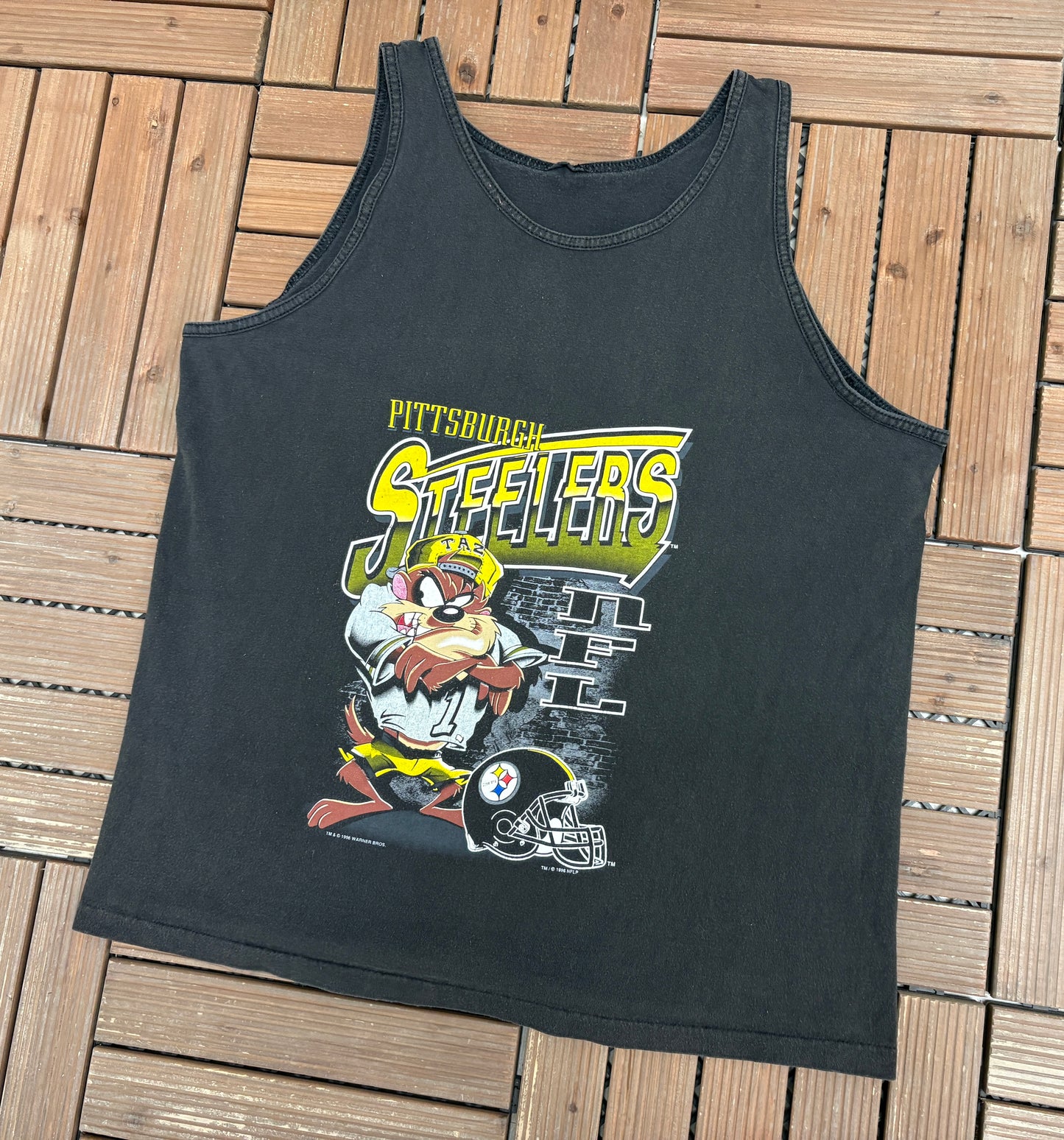 Pittsburgh Steelers Taz Graphic Tank Top | Size Large | Vintage 1990s Cartoon NFL Football Black Tee |