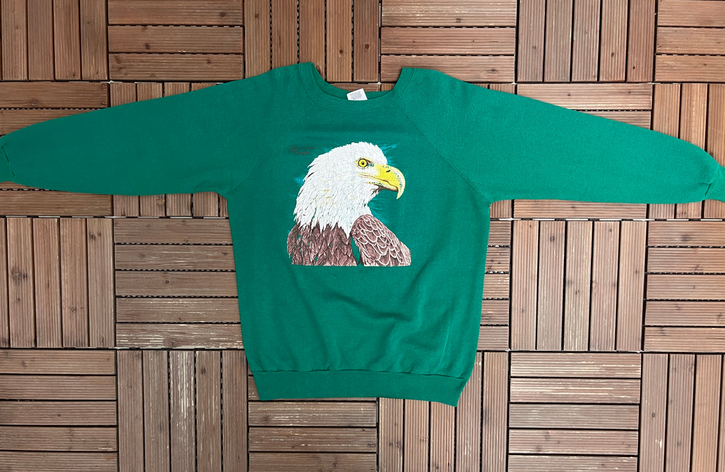 The American Eagle Graphic Crewneck | Size XX-Large | Vintage 1980s Animal Graphic Green Sweater | Made in USA |