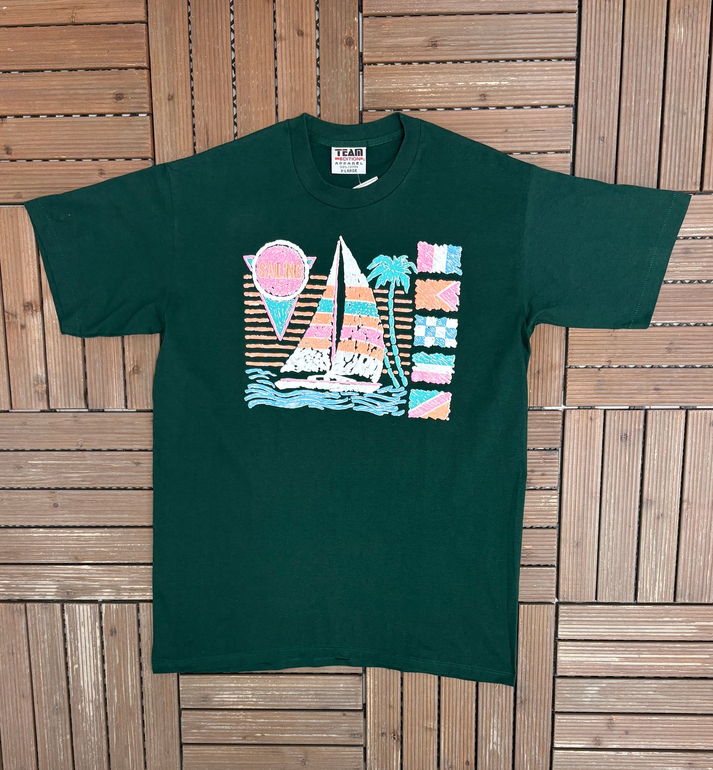Sailing Vibrant Graphic Tee | Size X-Large | Vintage 1990s Scenic Green T-Shirt |