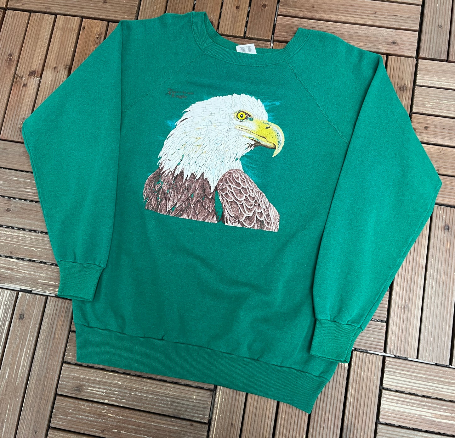 The American Eagle Graphic Crewneck | Size XX-Large | Vintage 1980s Animal Graphic Green Sweater | Made in USA |