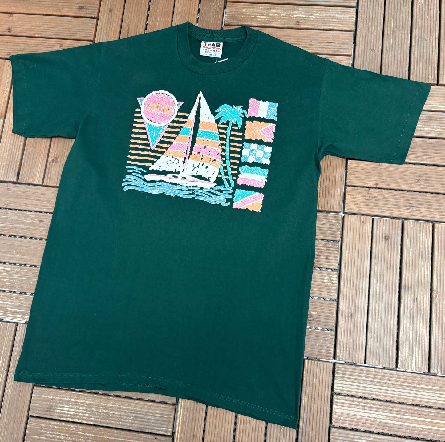 Sailing Vibrant Graphic Tee | Size X-Large | Vintage 1990s Scenic Green T-Shirt |