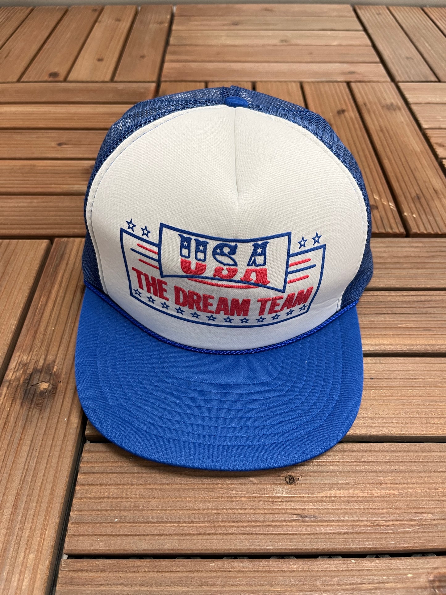 USA The Dream Team Graphic Hat | Snap Back | Vintage 1990s Olympics Basketball Trucker White Cap |