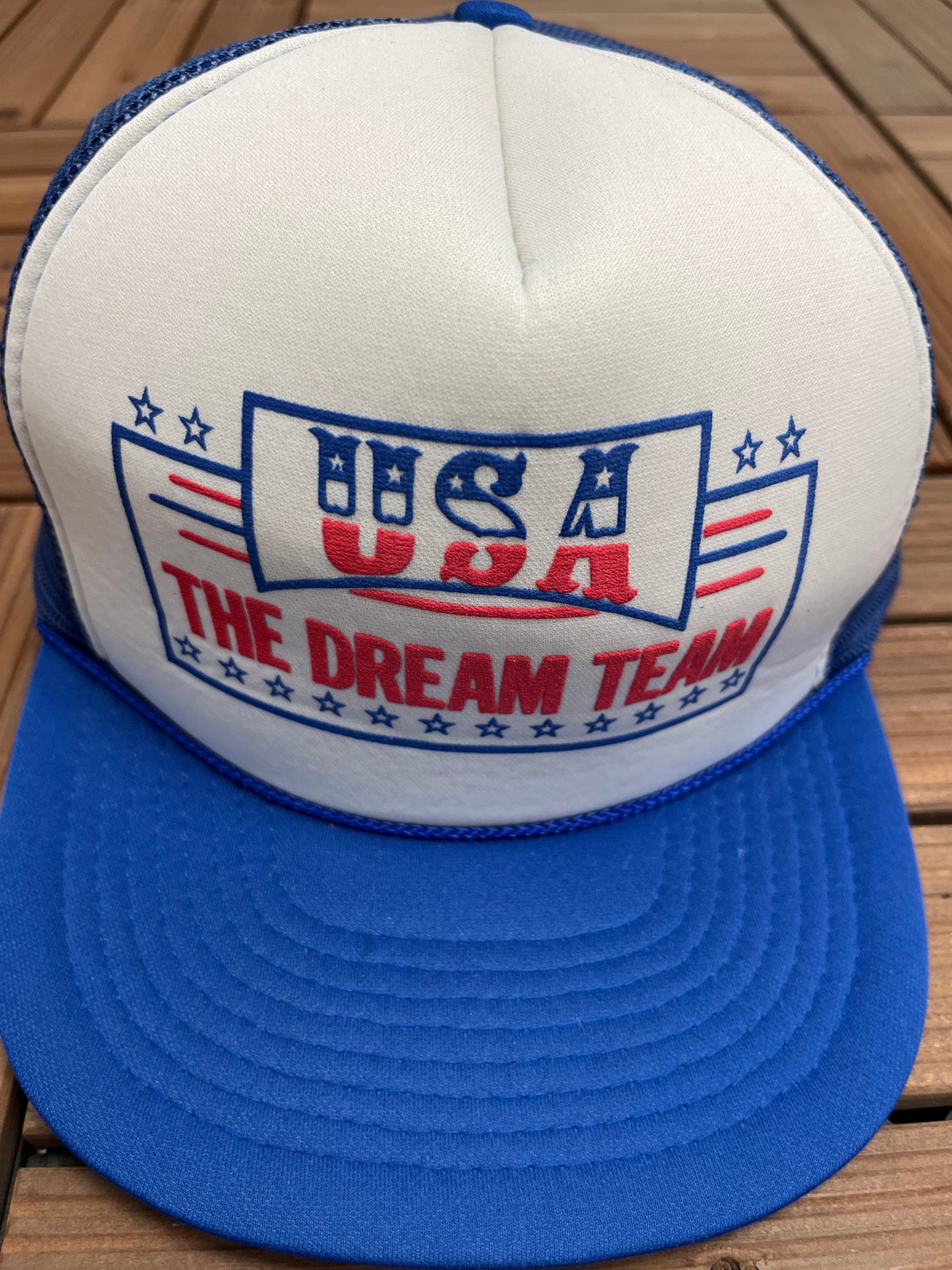 USA The Dream Team Graphic Hat | Snap Back | Vintage 1990s Olympics Basketball Trucker White Cap |