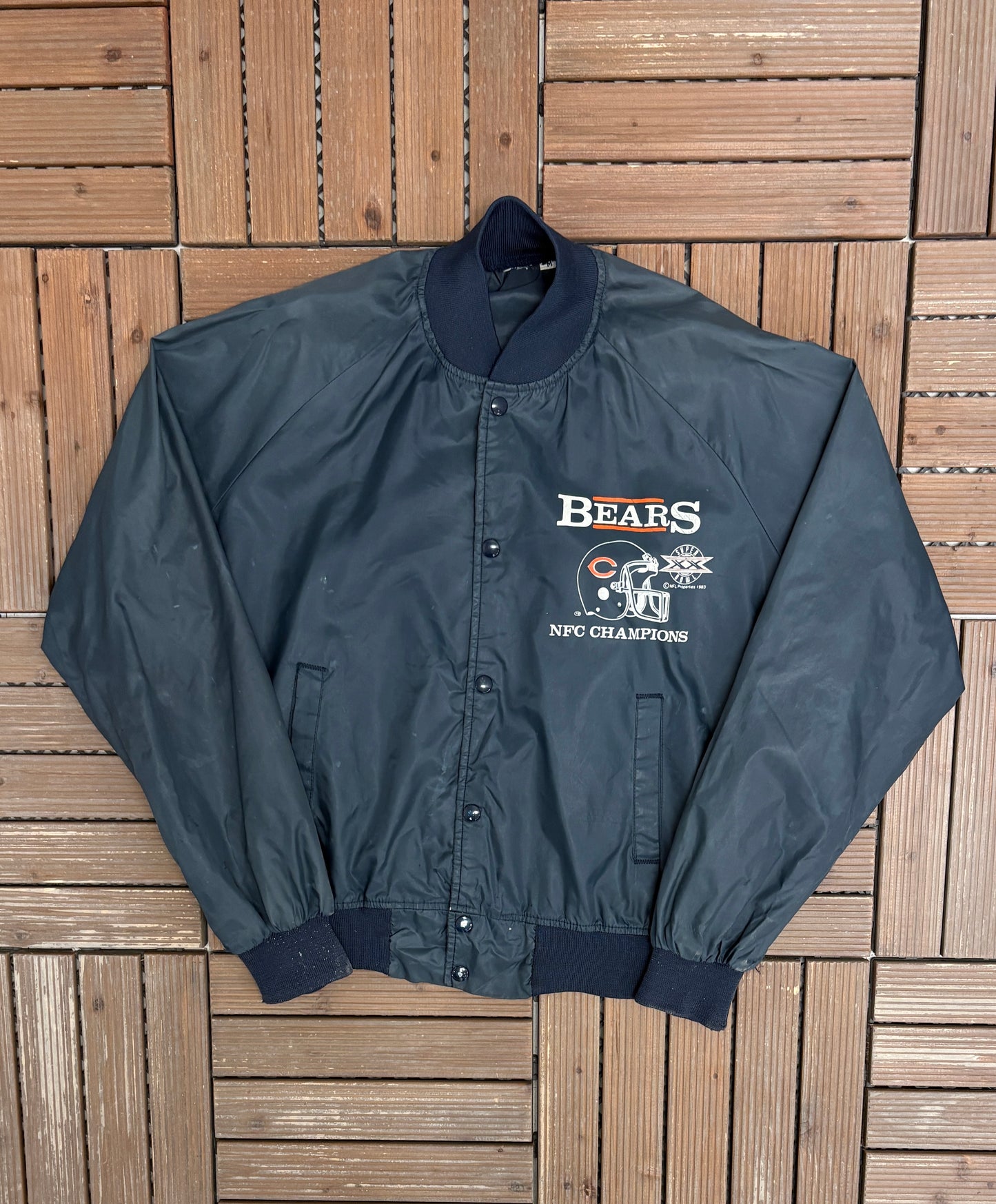 Chicago Bears Super Bowl XX Graphic Jacket | Size Medium | Vintage 1980s NFL Football Blue Jacket |