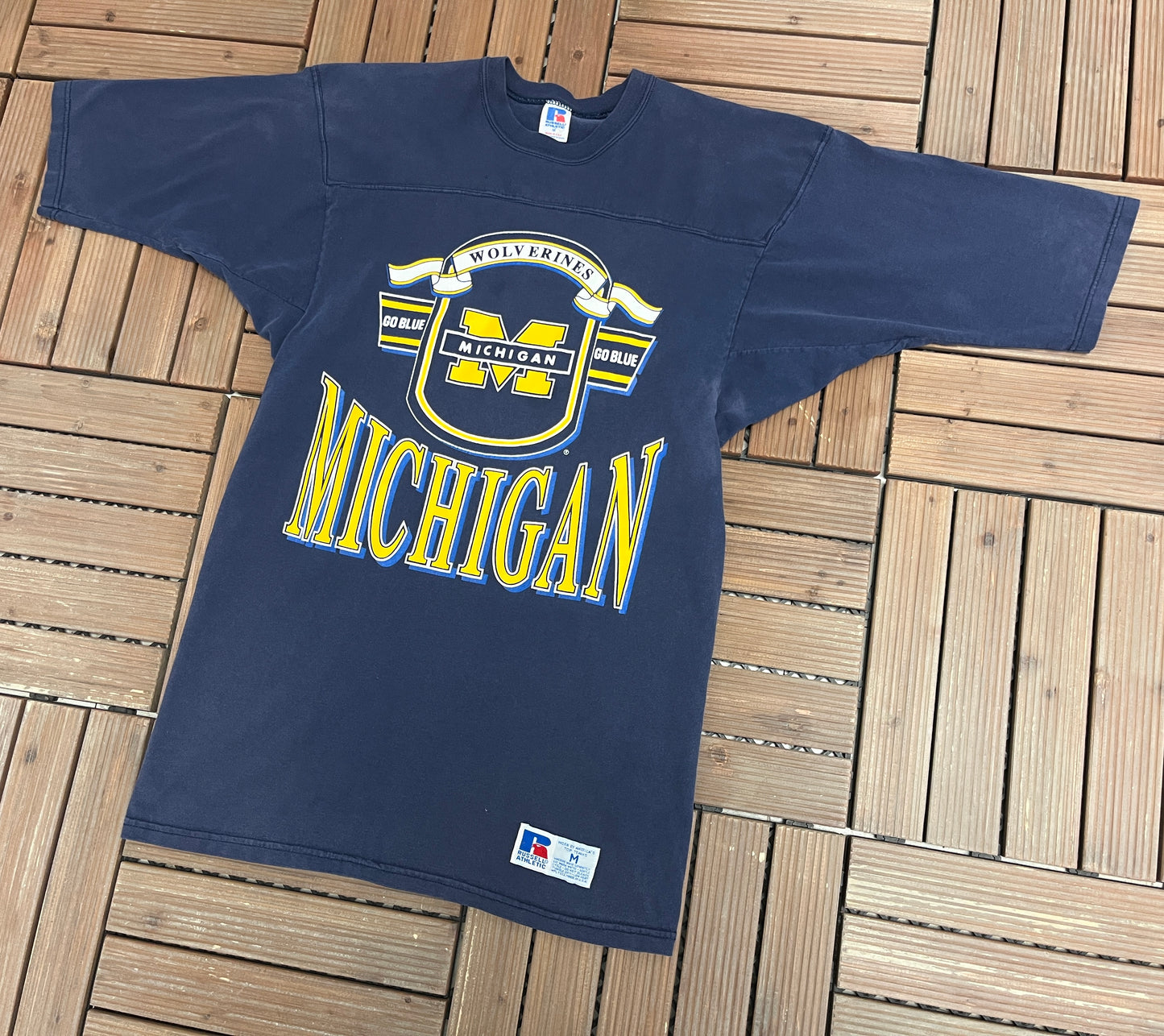 Michigan Wolverines Go Blue Graphic Tee | Size Medium | Vintage 1990s College Sports Blue T-Shirt |