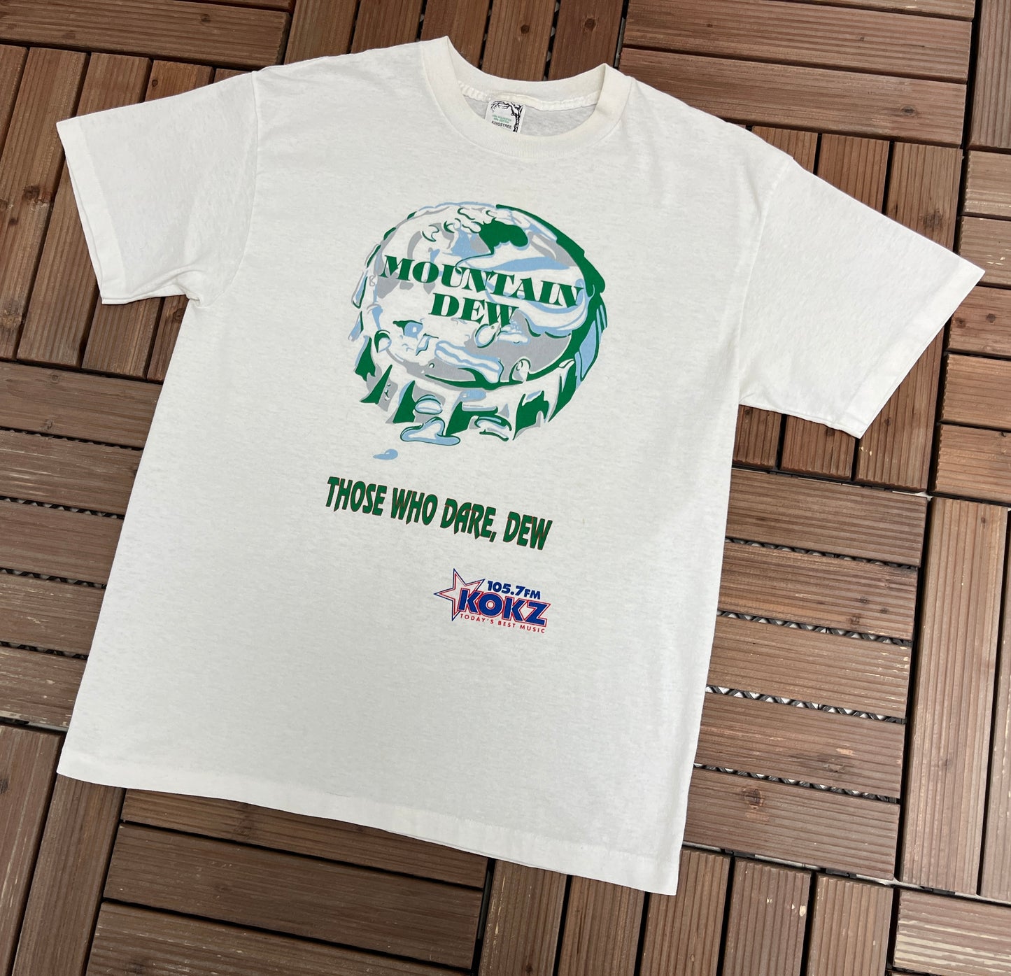 Mountain Dew Those Who Dare, Dew Graphic Tee | Size Large | Vintage 1990s Beverage Promotional White T-Shirt |
