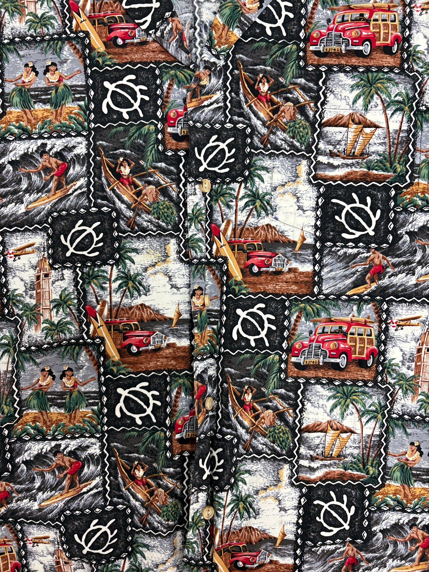 Hula & Surfing Graphic Hawaiian Shirt | Size X-Large | Vintage 1990s Scenic Hawaiian Shirt |