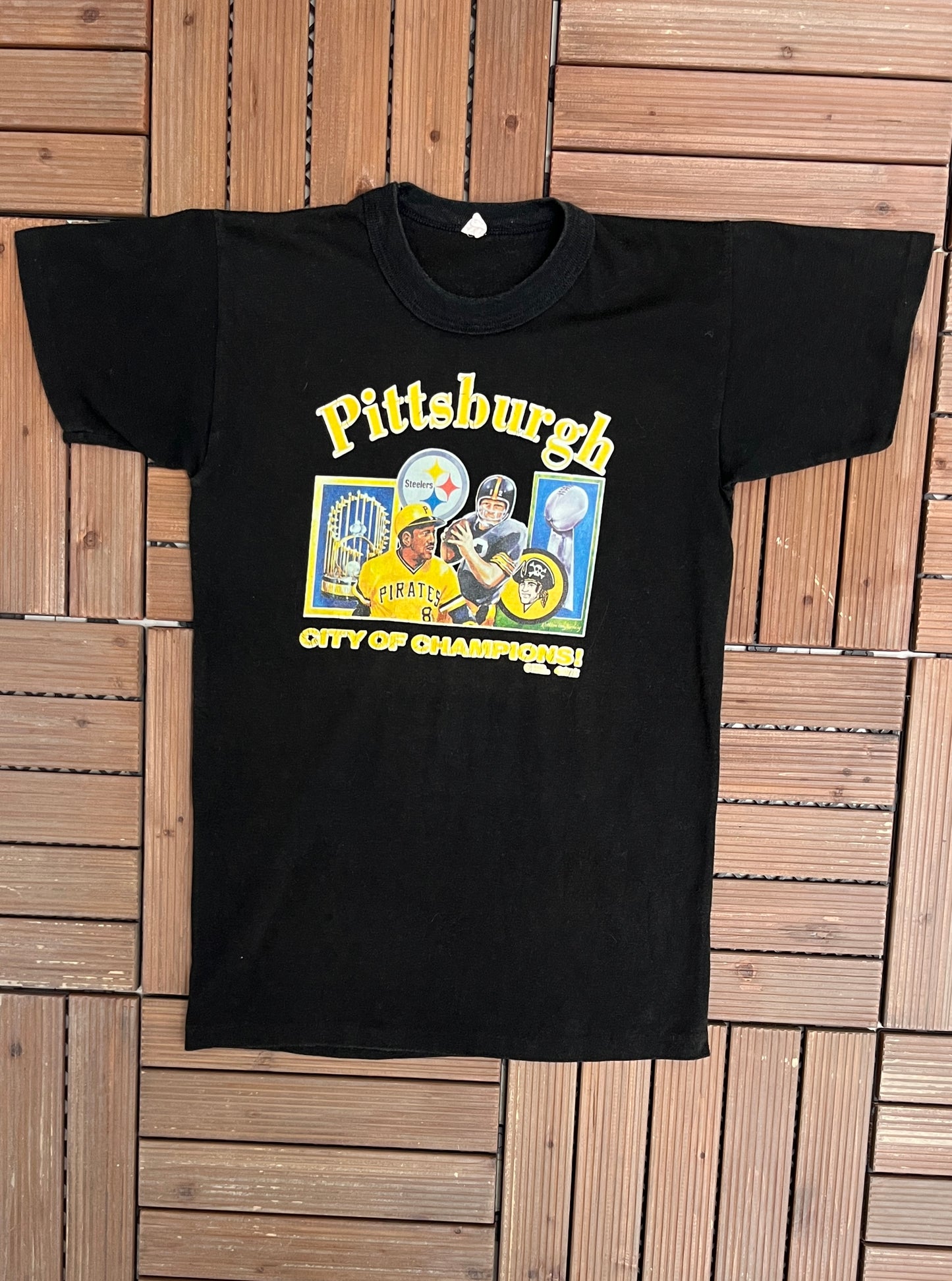 Pittsburgh City of Champions Graphic Tee | Size Medium | Vintage 1980s Sports Black T-Shirt |