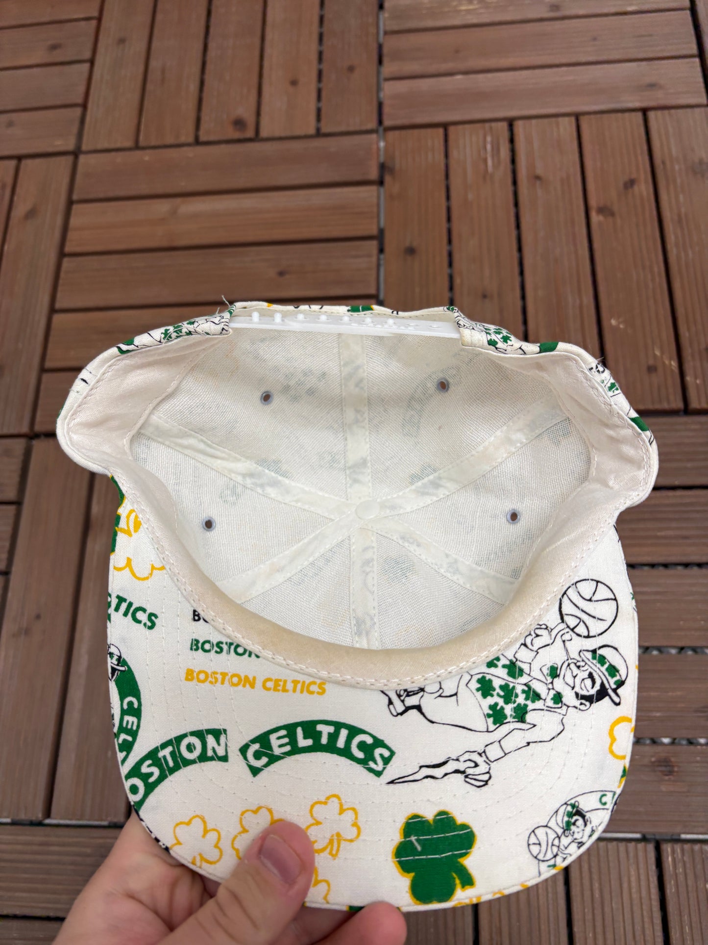 Boston Celtics All Over Print Graphic Hat | Snap Back | Vintage 1990s NBA Basketball White Hat |