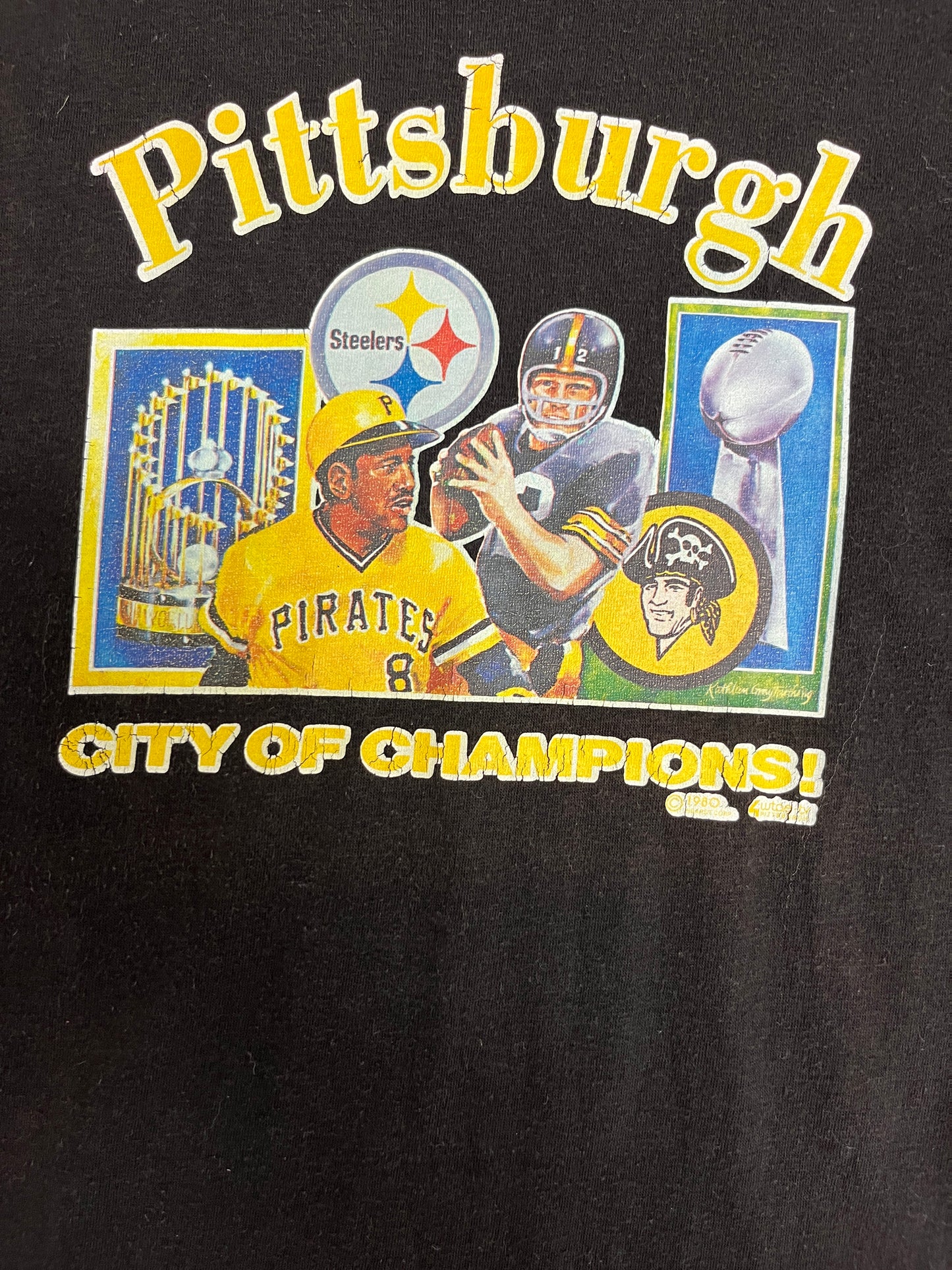 Pittsburgh City of Champions Graphic Tee | Size Medium | Vintage 1980s Sports Black T-Shirt |