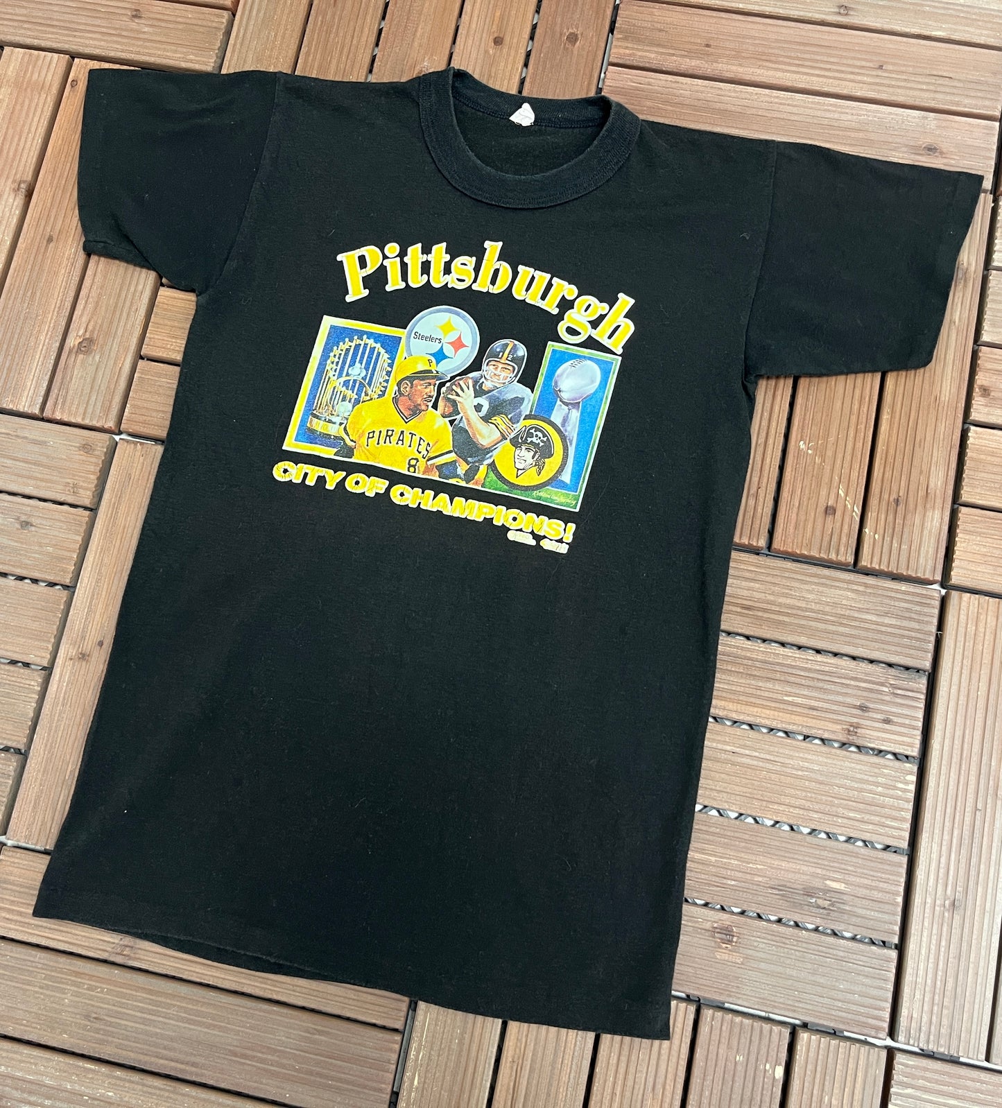 Pittsburgh City of Champions Graphic Tee | Size Medium | Vintage 1980s Sports Black T-Shirt |