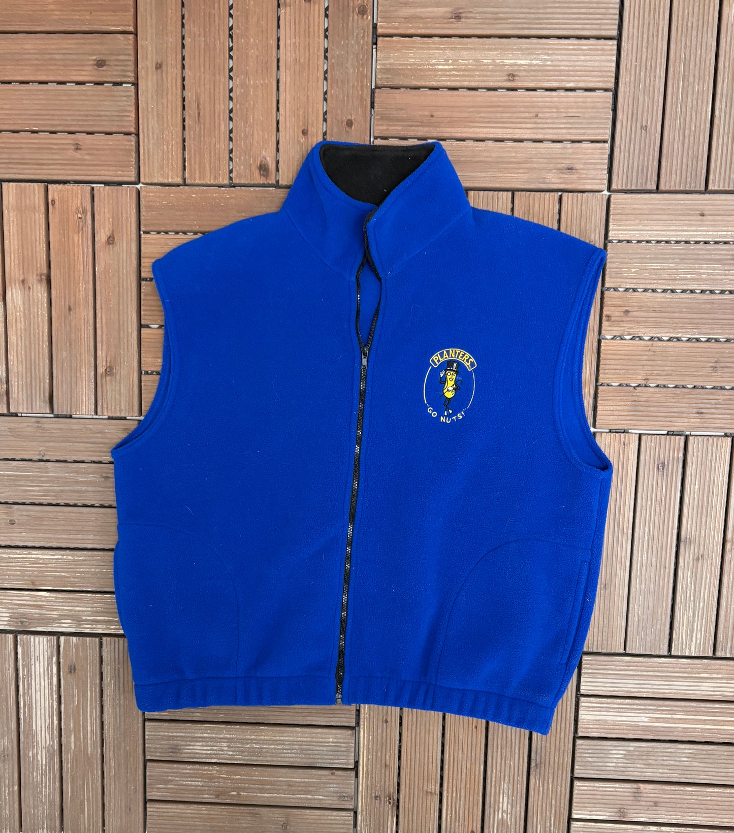 Planters Peanuts Go Nuts! Embroidered Graphic Fleece Vest | Size X-Large | Vintage 2000s Promotional Blue Vest |