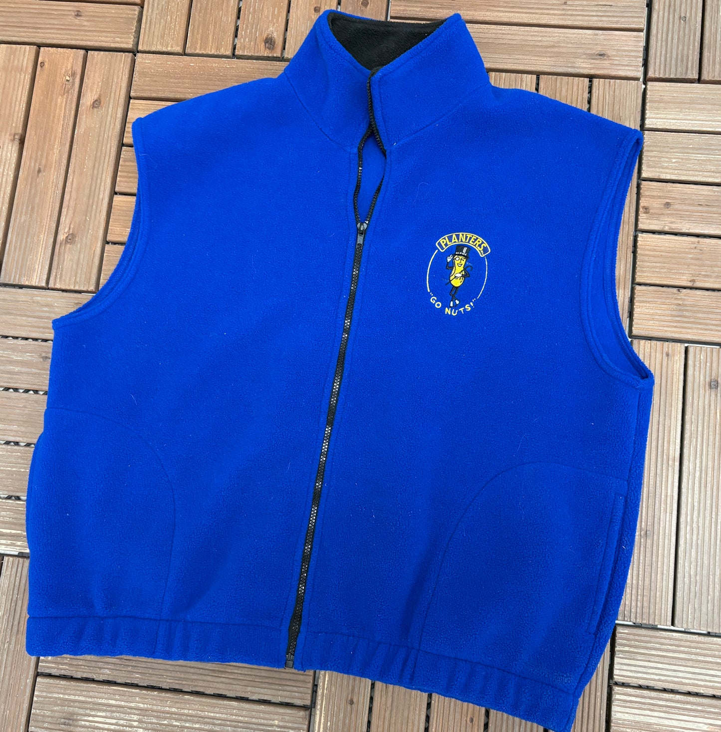 Planters Peanuts Go Nuts! Embroidered Graphic Fleece Vest | Size X-Large | Vintage 2000s Promotional Blue Vest |