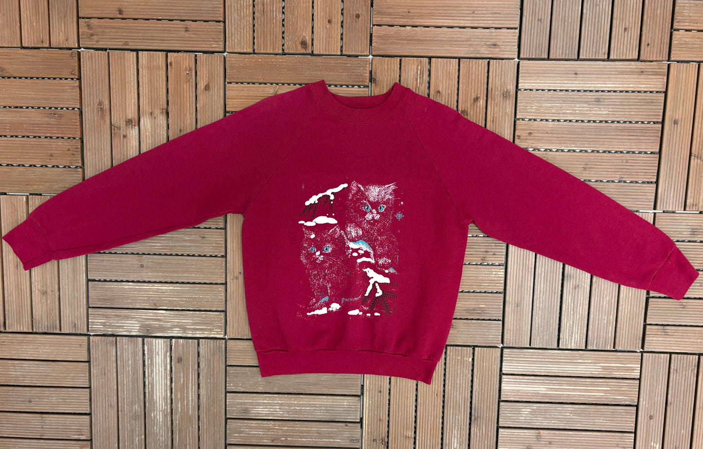 Couple Kittens Graphic Crewneck | Size Medium | Vintage 1980s Cute Animal Red Sweater |
