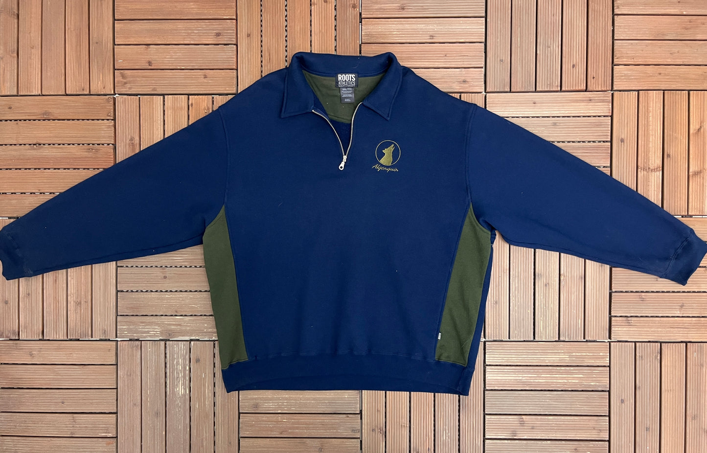 Algonquin Wolf Embroidered Graphic Quarter Zip Sweater | Size XX-Large | Vintage 1990s Tourist Blue Sweater |