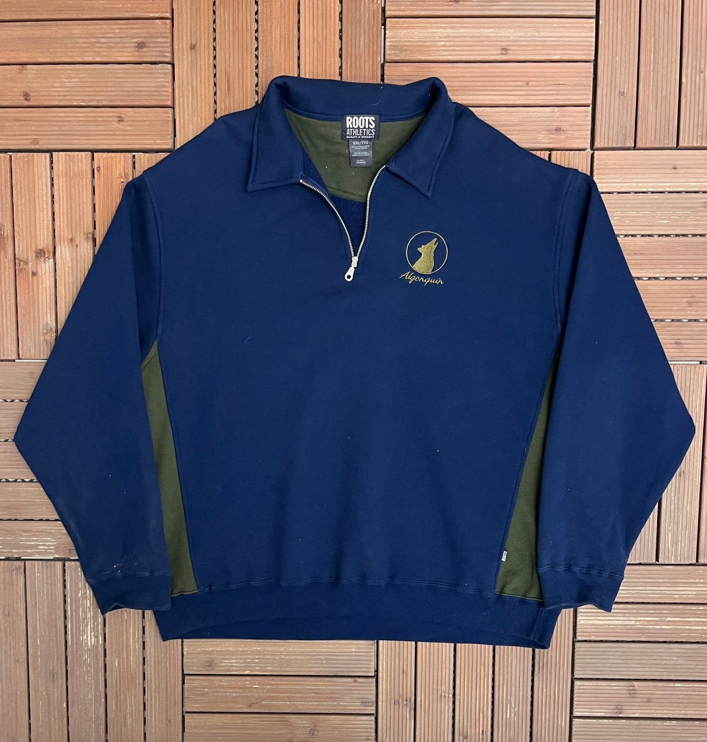 Algonquin Wolf Embroidered Graphic Quarter Zip Sweater | Size XX-Large | Vintage 1990s Tourist Blue Sweater |