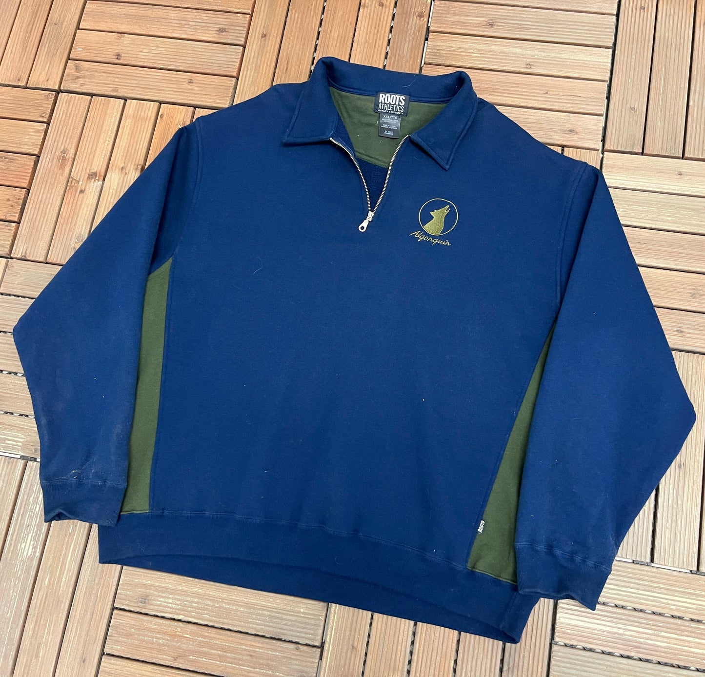 Algonquin Wolf Embroidered Graphic Quarter Zip Sweater | Size XX-Large | Vintage 1990s Tourist Blue Sweater |