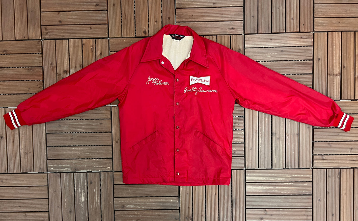 Budweiser Quality Assurance Graphic Jacket | Size Small | Vintage 1980s Made in USA Red Coat |