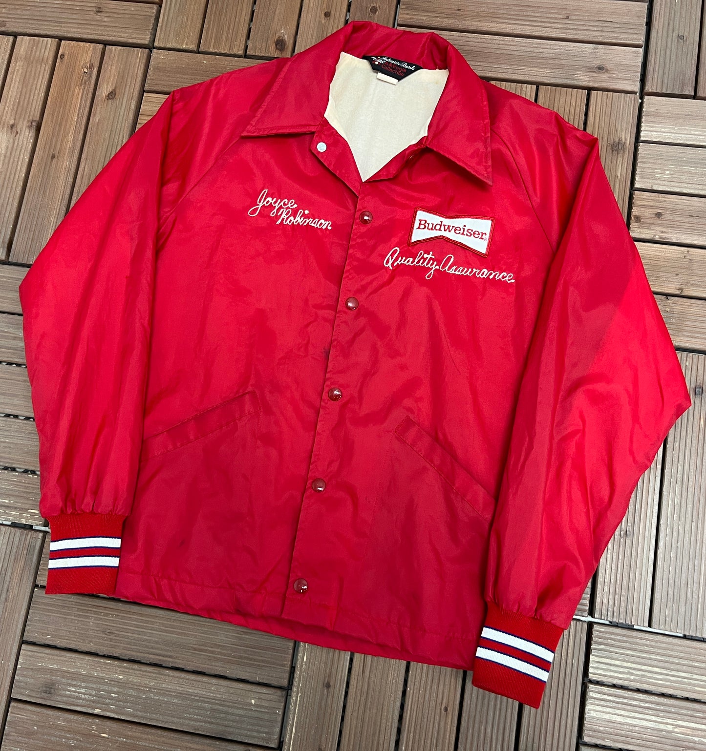 Budweiser Quality Assurance Graphic Jacket | Size Small | Vintage 1980s Made in USA Red Coat |