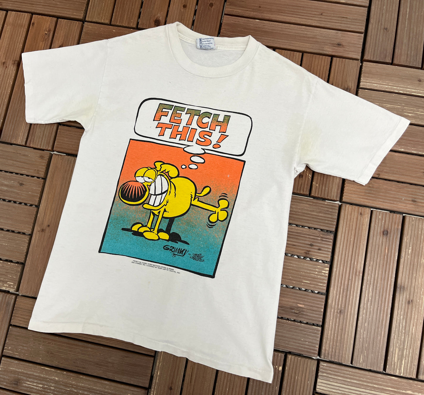 Mother Goose & Grim Fetch This! Graphic Tee | Size Medium | Vintage 1990s Funny Promotional Cartoon White T-Shirt |