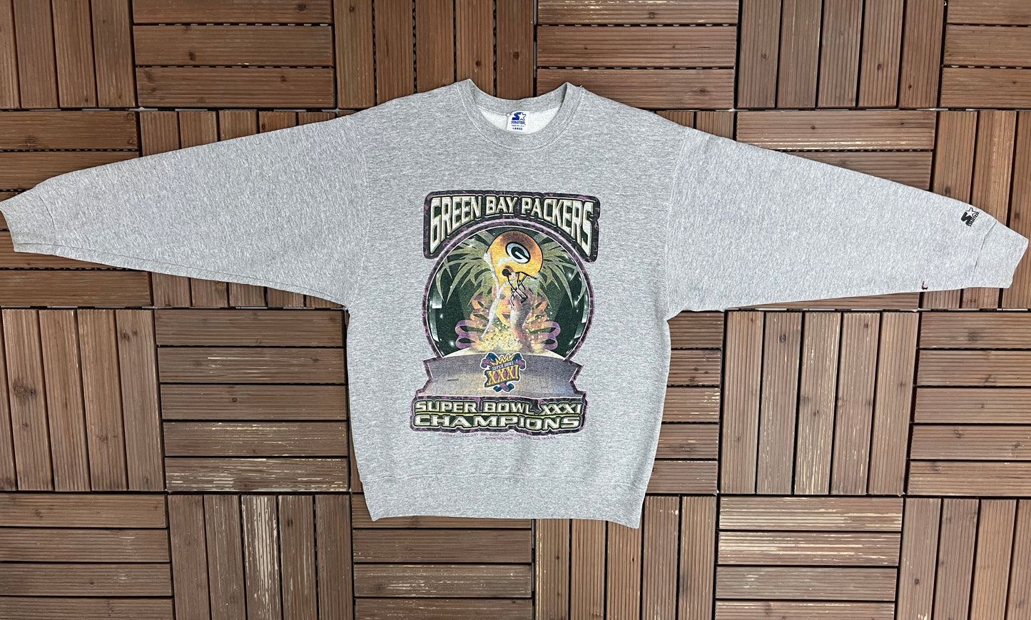 Green Bay Packers Super Bowl XXXI Champions Graphic Crewneck | Size Large | Vintage 1990s NFL Football Grey Sweater |