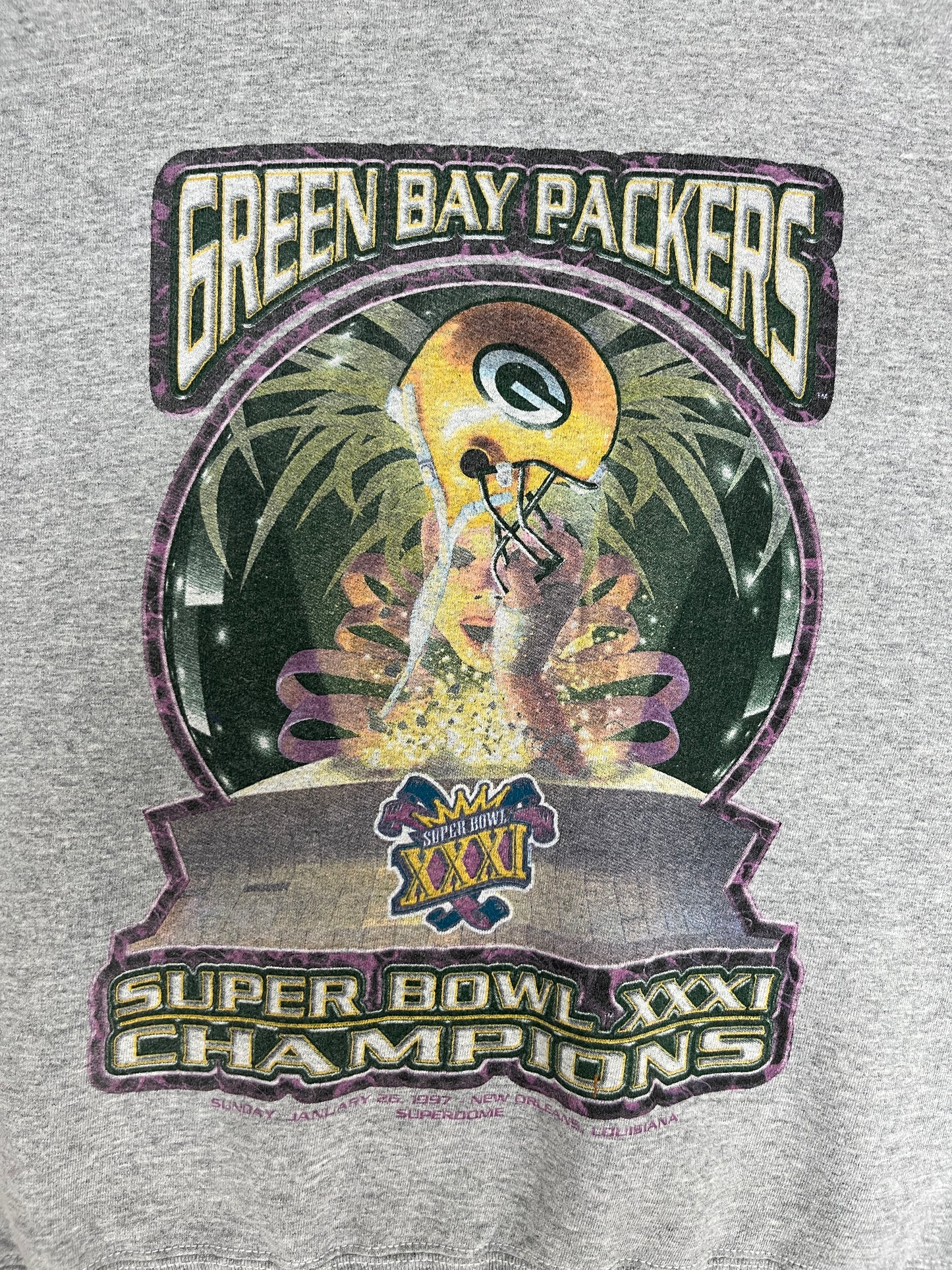 Green Bay Packers Super Bowl XXXI Champions Graphic Crewneck | Size Large | Vintage 1990s NFL Football Grey Sweater |