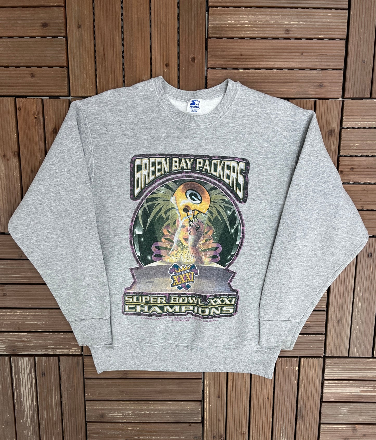 Green Bay Packers Super Bowl XXXI Champions Graphic Crewneck | Size Large | Vintage 1990s NFL Football Grey Sweater |