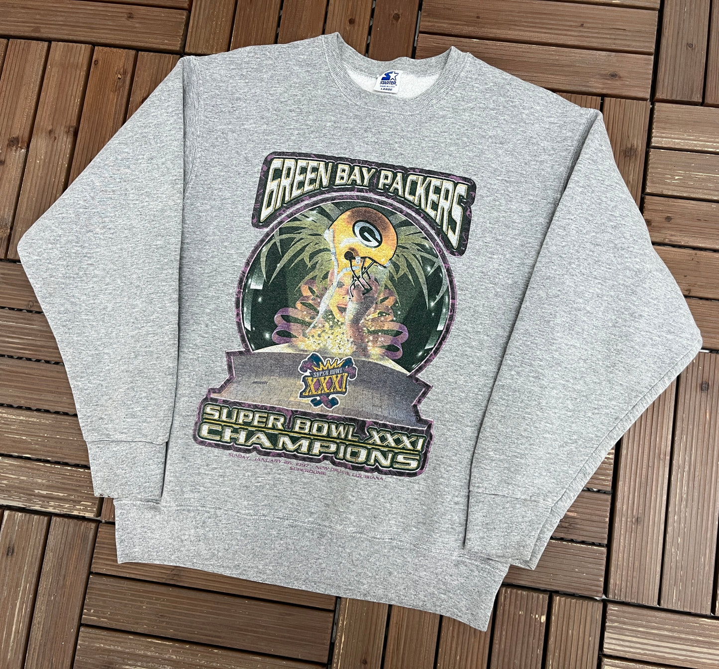 Green Bay Packers Super Bowl XXXI Champions Graphic Crewneck | Size Large | Vintage 1990s NFL Football Grey Sweater |