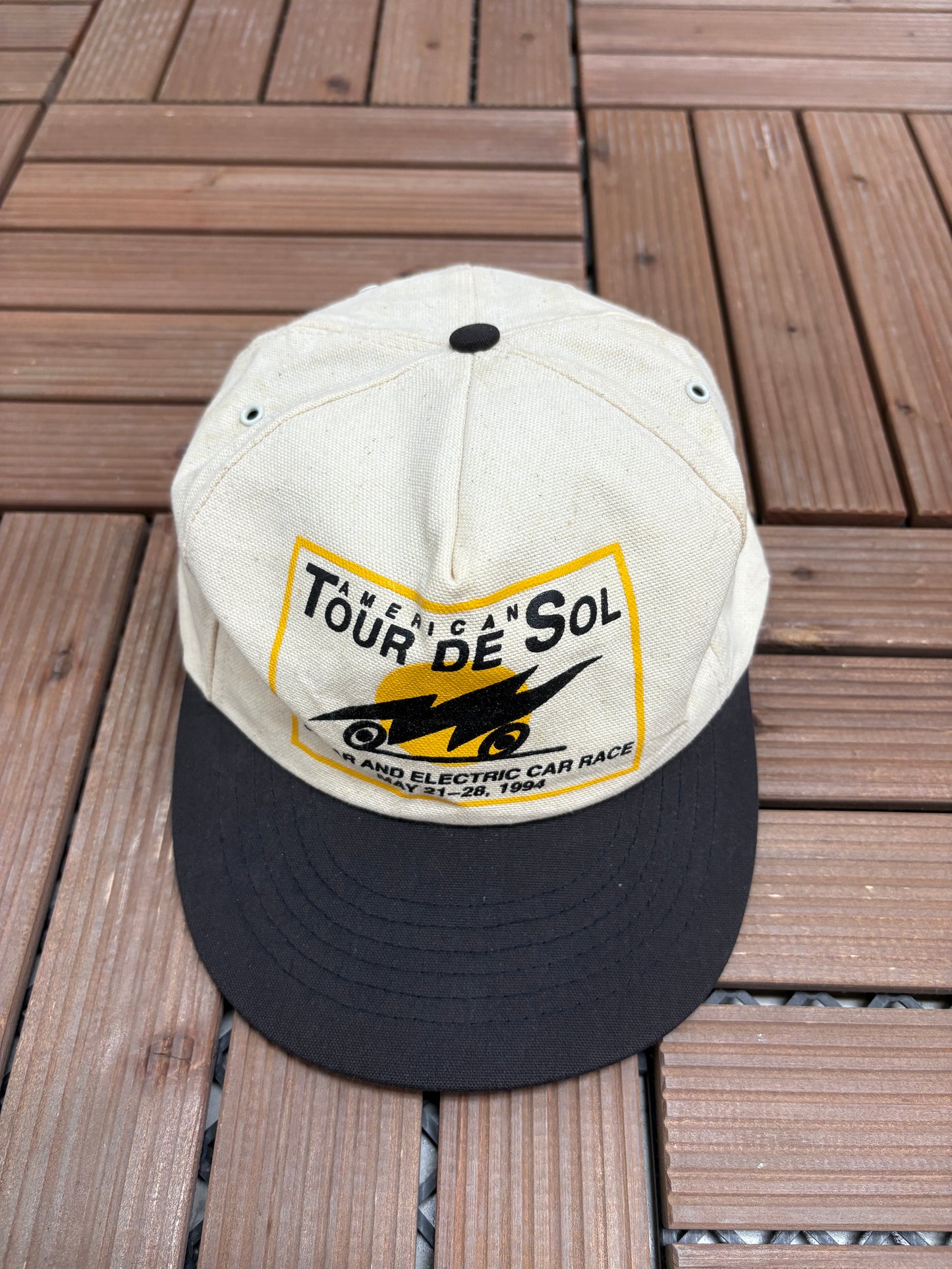 Tour De Sol 1994 Car Meet Graphic Hat | Snap Back | Vintage 1990s Car Promotional White Cap |
