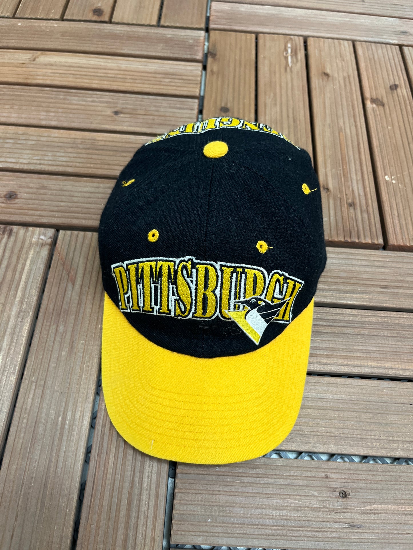 Pittsburgh Penguins Embroidered Graphic Hat | Snap Back | Vintage 1990s NHL Hockey Black Cap |