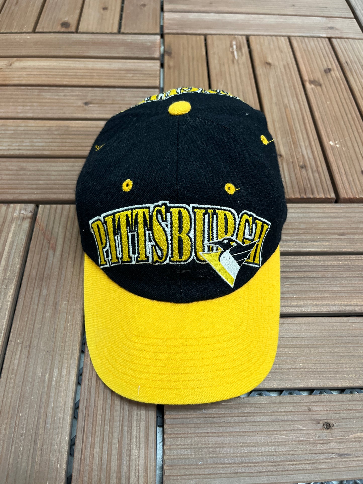Pittsburgh Penguins Embroidered Graphic Hat | Snap Back | Vintage 1990s NHL Hockey Black Cap |