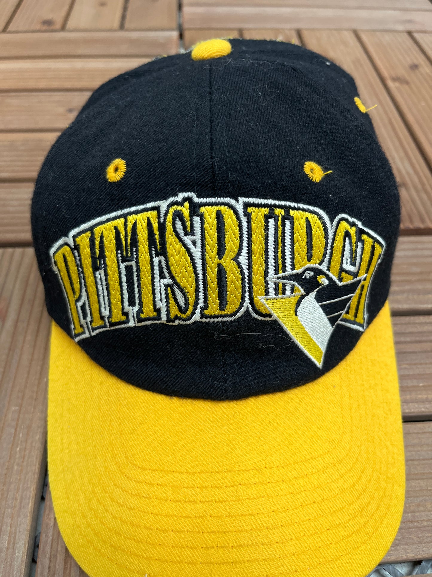 Pittsburgh Penguins Embroidered Graphic Hat | Snap Back | Vintage 1990s NHL Hockey Black Cap |