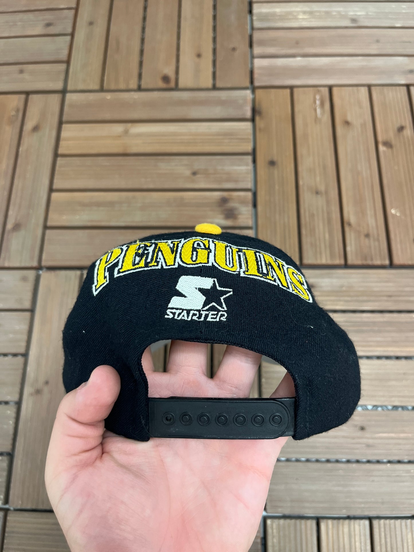 Pittsburgh Penguins Embroidered Graphic Hat | Snap Back | Vintage 1990s NHL Hockey Black Cap |