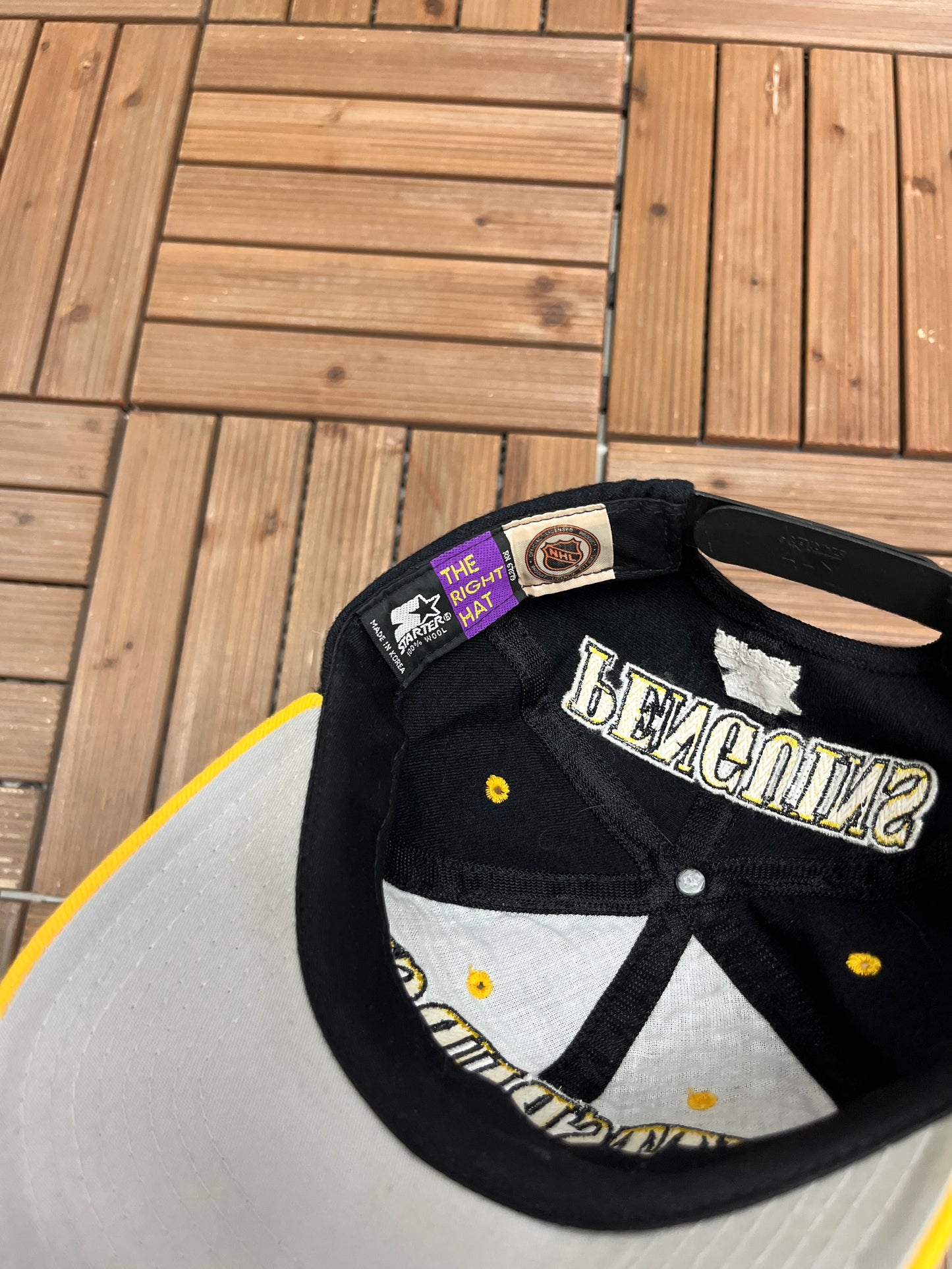 Pittsburgh Penguins Embroidered Graphic Hat | Snap Back | Vintage 1990s NHL Hockey Black Cap |