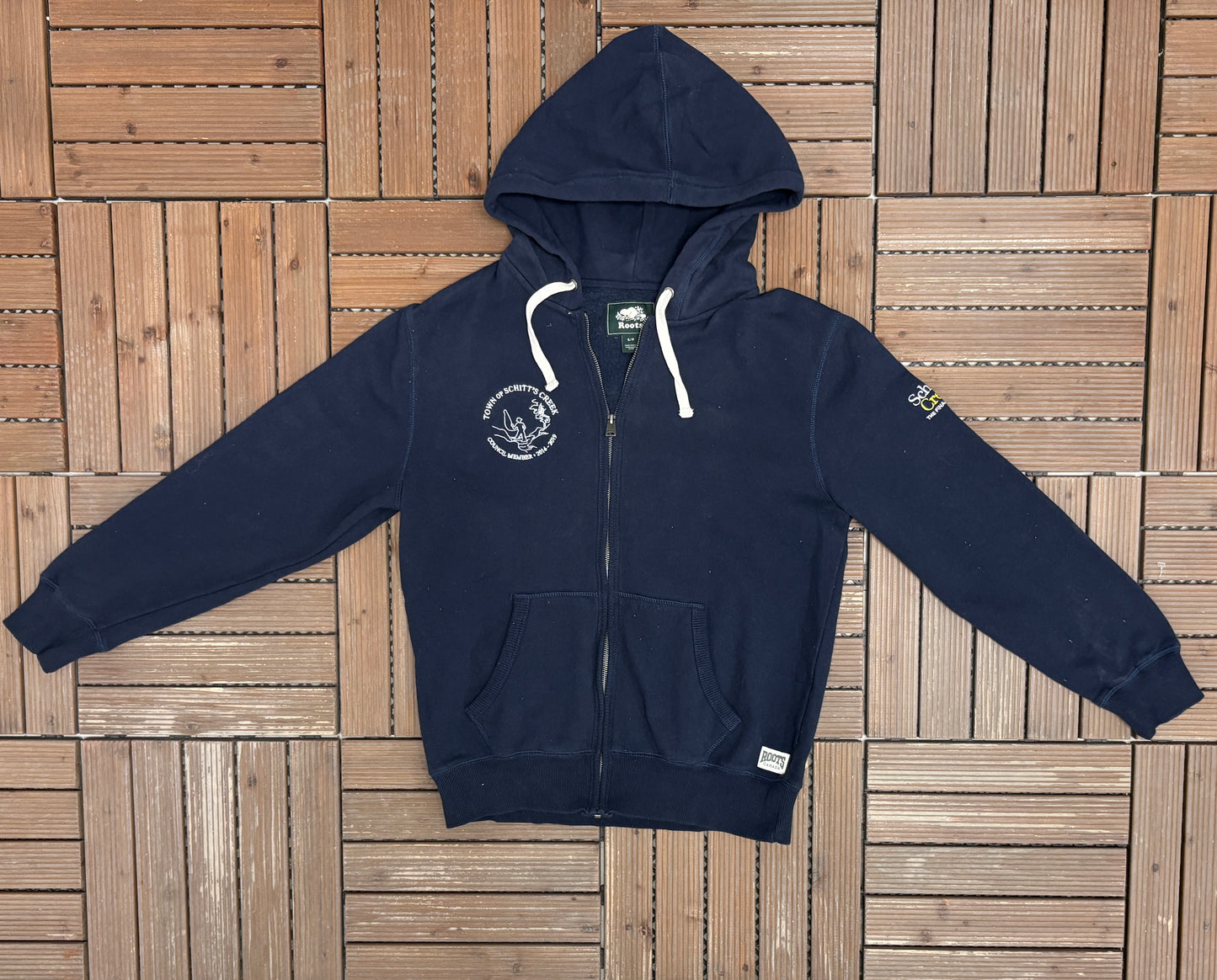 Schitt's Creek Council Member Embroidered Graphic Hoodie | Size Small | Modern Television Series Blue Sweater |