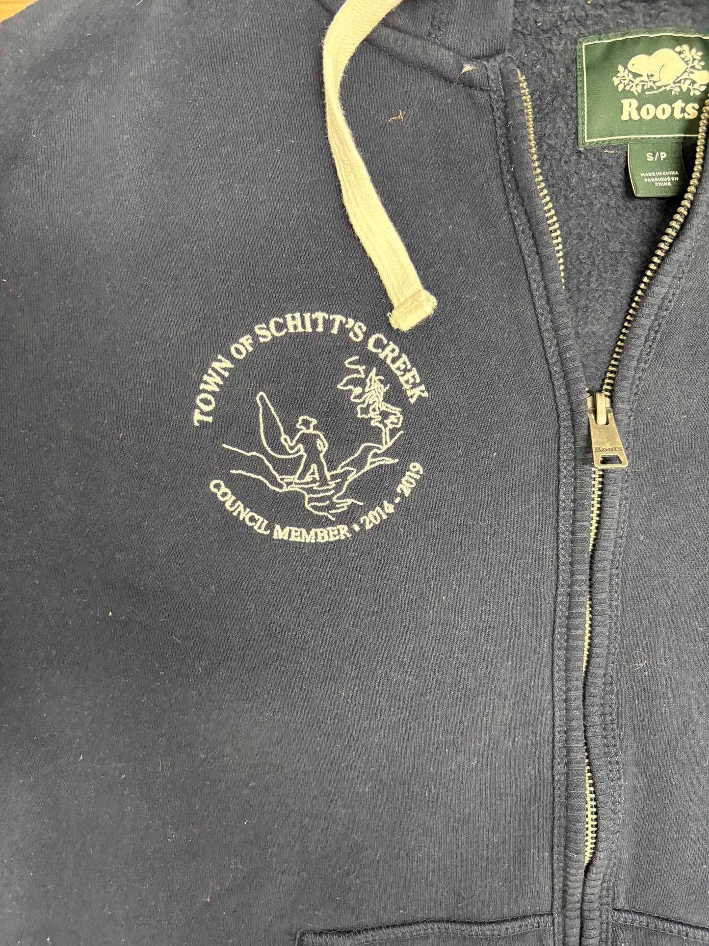 Schitt's Creek Council Member Embroidered Graphic Hoodie | Size Small | Modern Television Series Blue Sweater |