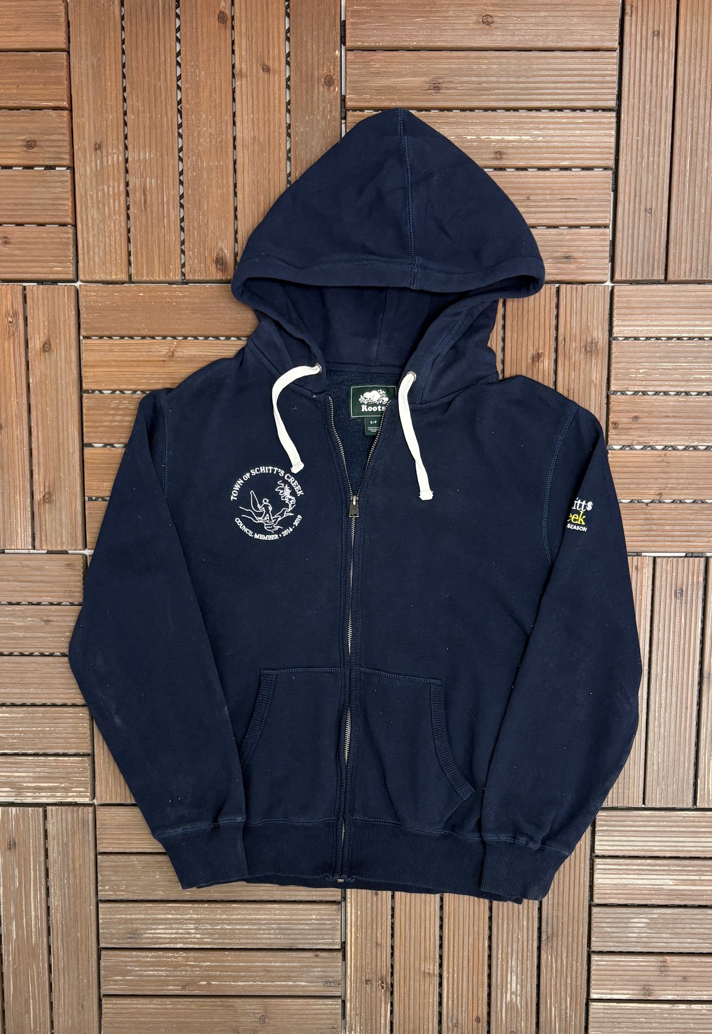Schitt's Creek Council Member Embroidered Graphic Hoodie | Size Small | Modern Television Series Blue Sweater |
