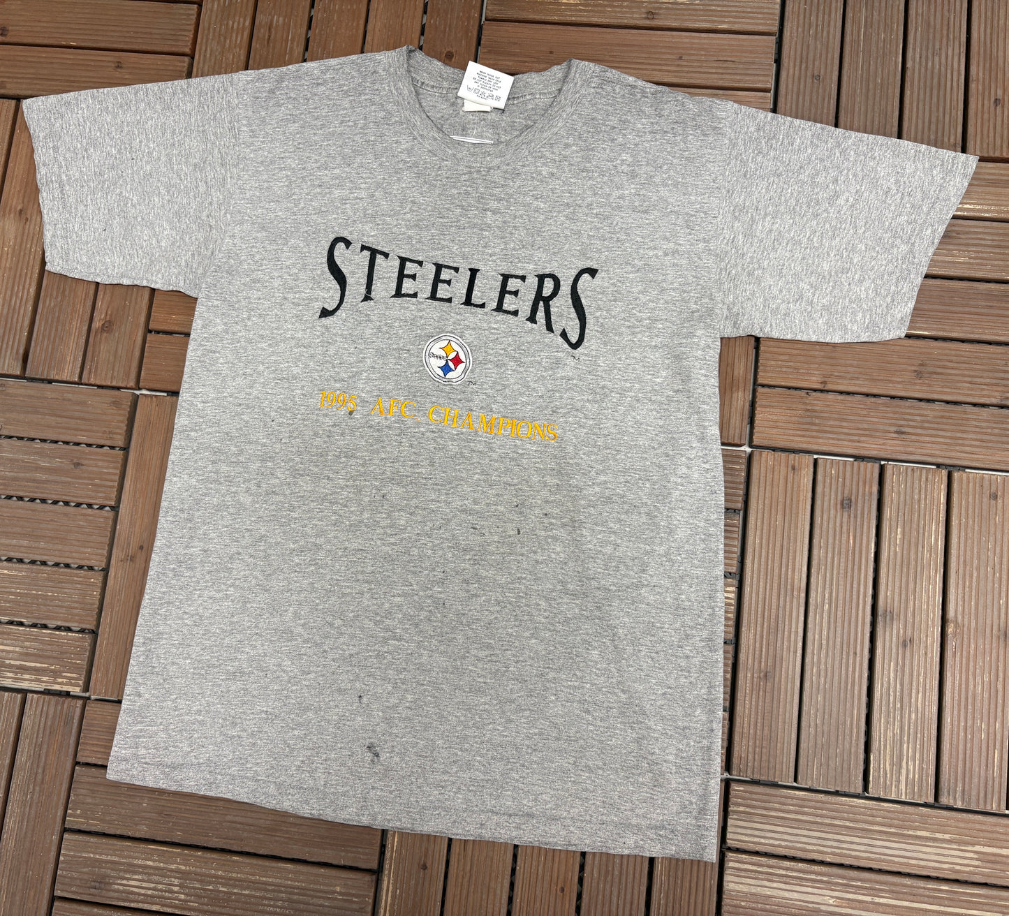 Pittsburgh Steelers 1995 AFC Champions Graphic Tee | Size Large | Vintage 1990s NFL Football Grey T-Shirt |