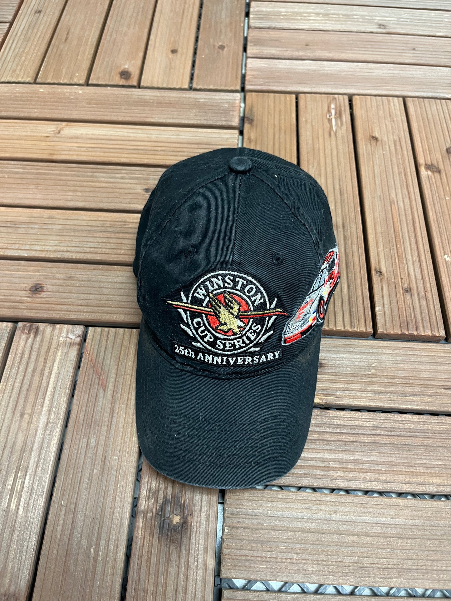 NASCAR Winston Cup Series 25th Anniversary Graphic Hat | Strap Back | Vintage 1990s Racing Black Cap |