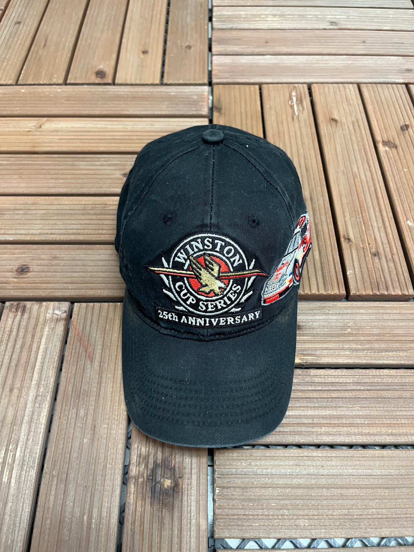 NASCAR Winston Cup Series 25th Anniversary Graphic Hat | Strap Back | Vintage 1990s Racing Black Cap |