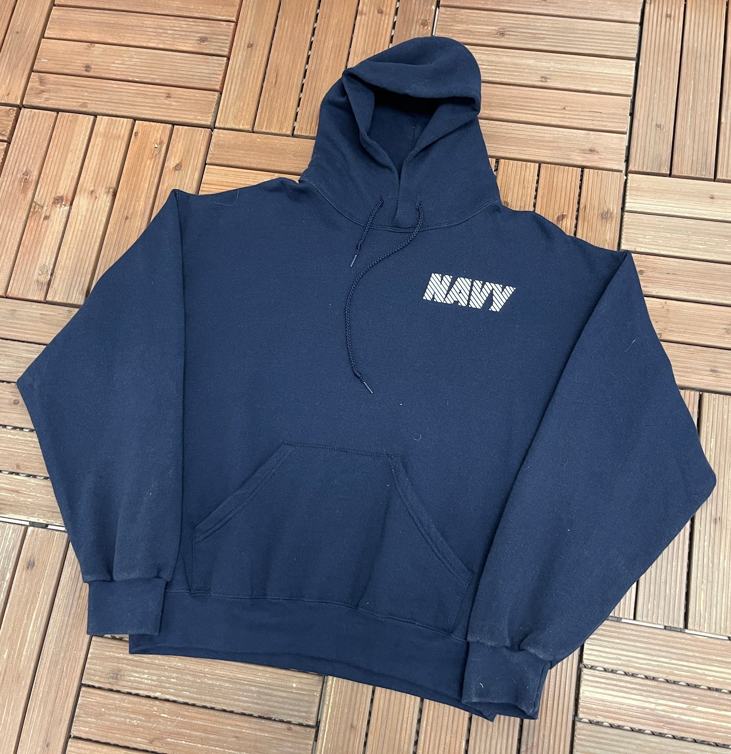 United States of America Navy Graphic Sweater | Size Large | Vintage 1990s Made in USA Blue Hoodie |