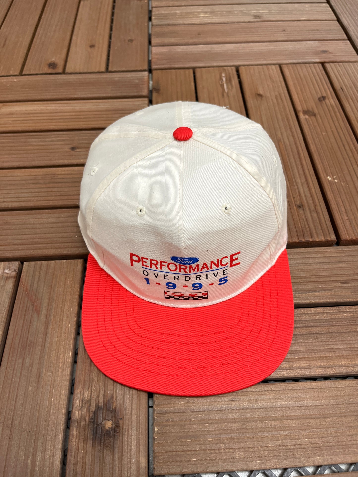 Ford Performance Overdrive 1995 Graphic Hat | Snap Back | Vintage 1990s Racing White Cap |