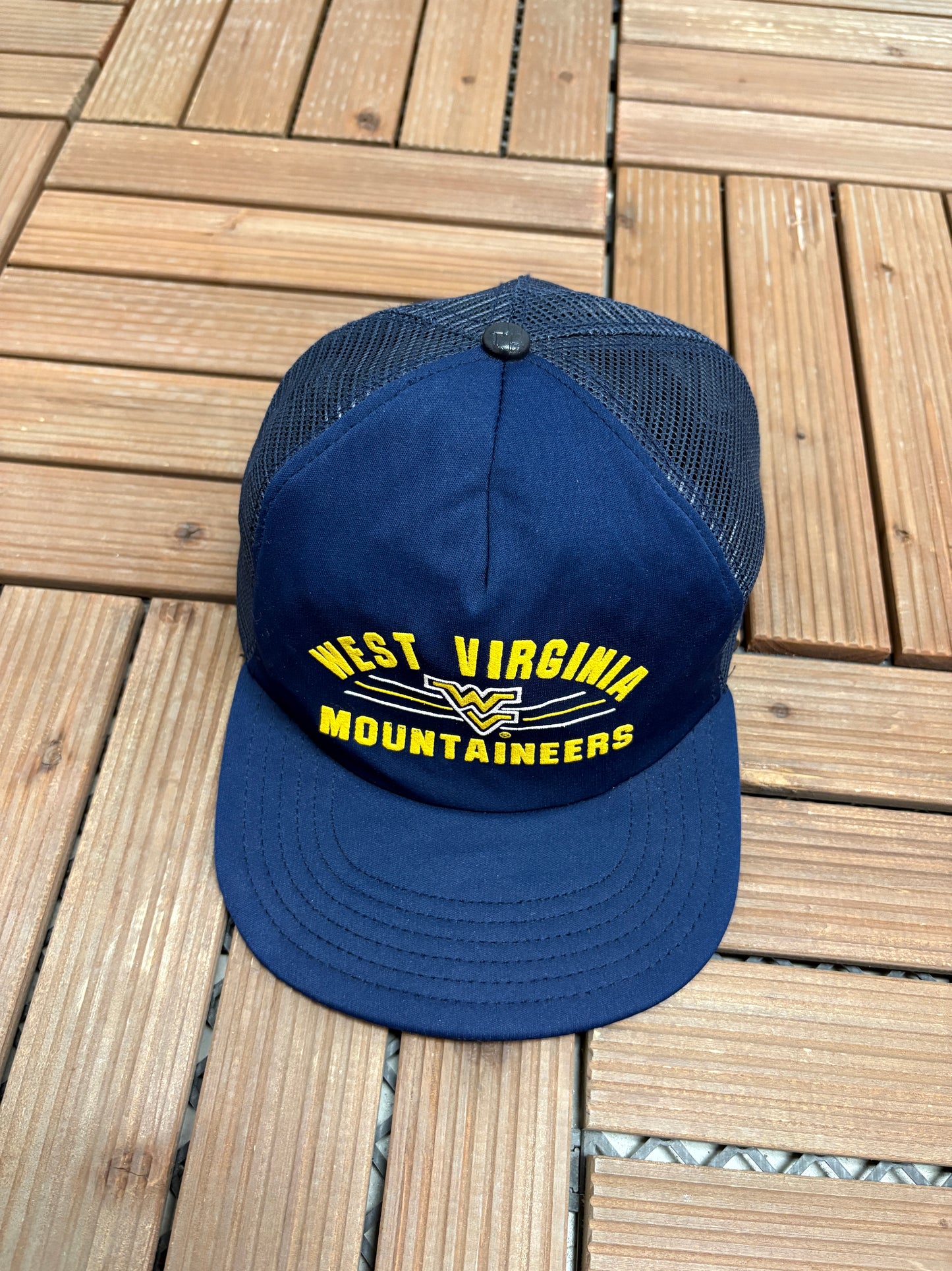 West Virginia Mountaineers Graphic Hat | Snap Back | Vintage 1990s College Trucker Blue Cap |