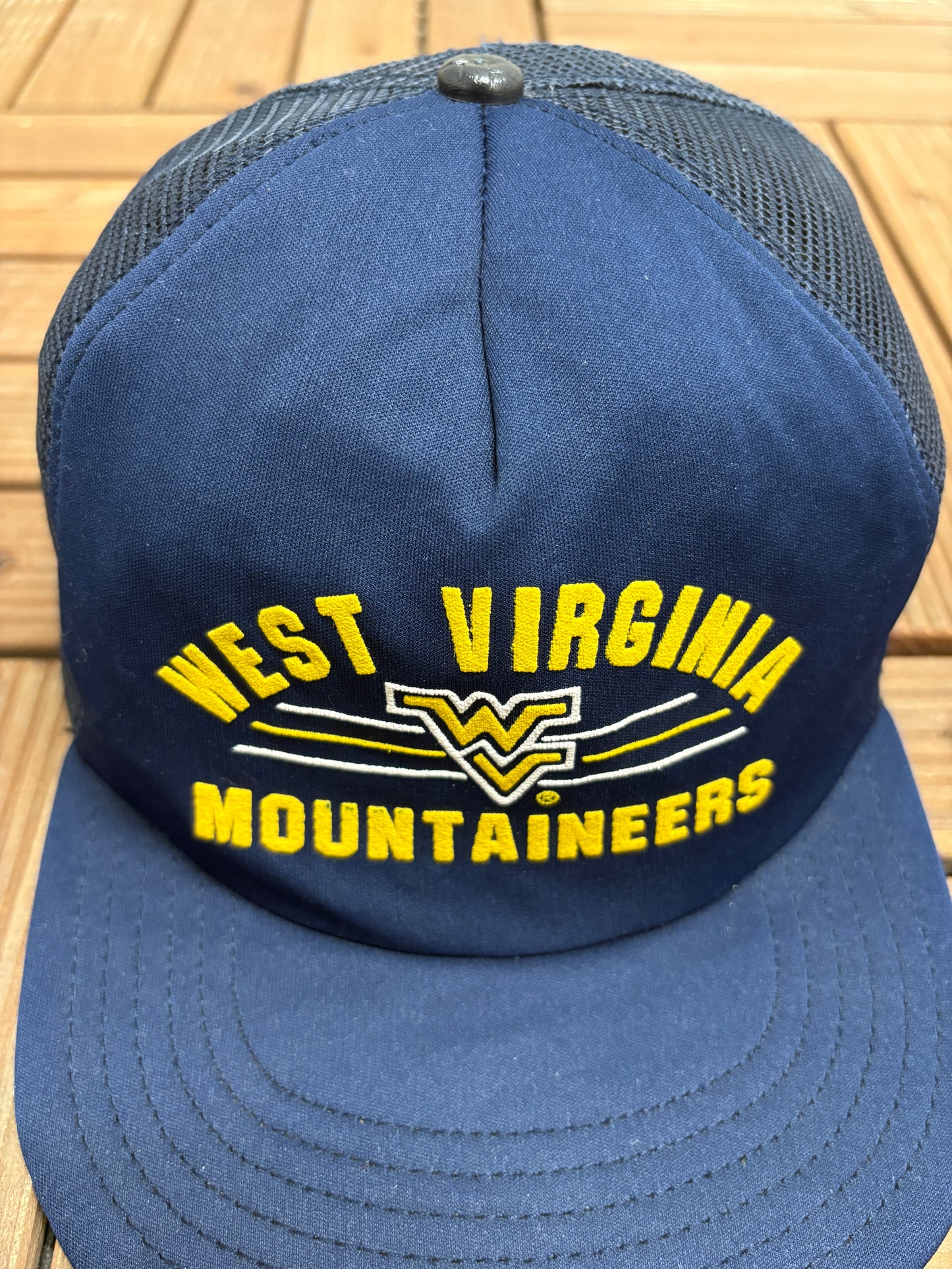 West Virginia Mountaineers Graphic Hat | Snap Back | Vintage 1990s College Trucker Blue Cap |