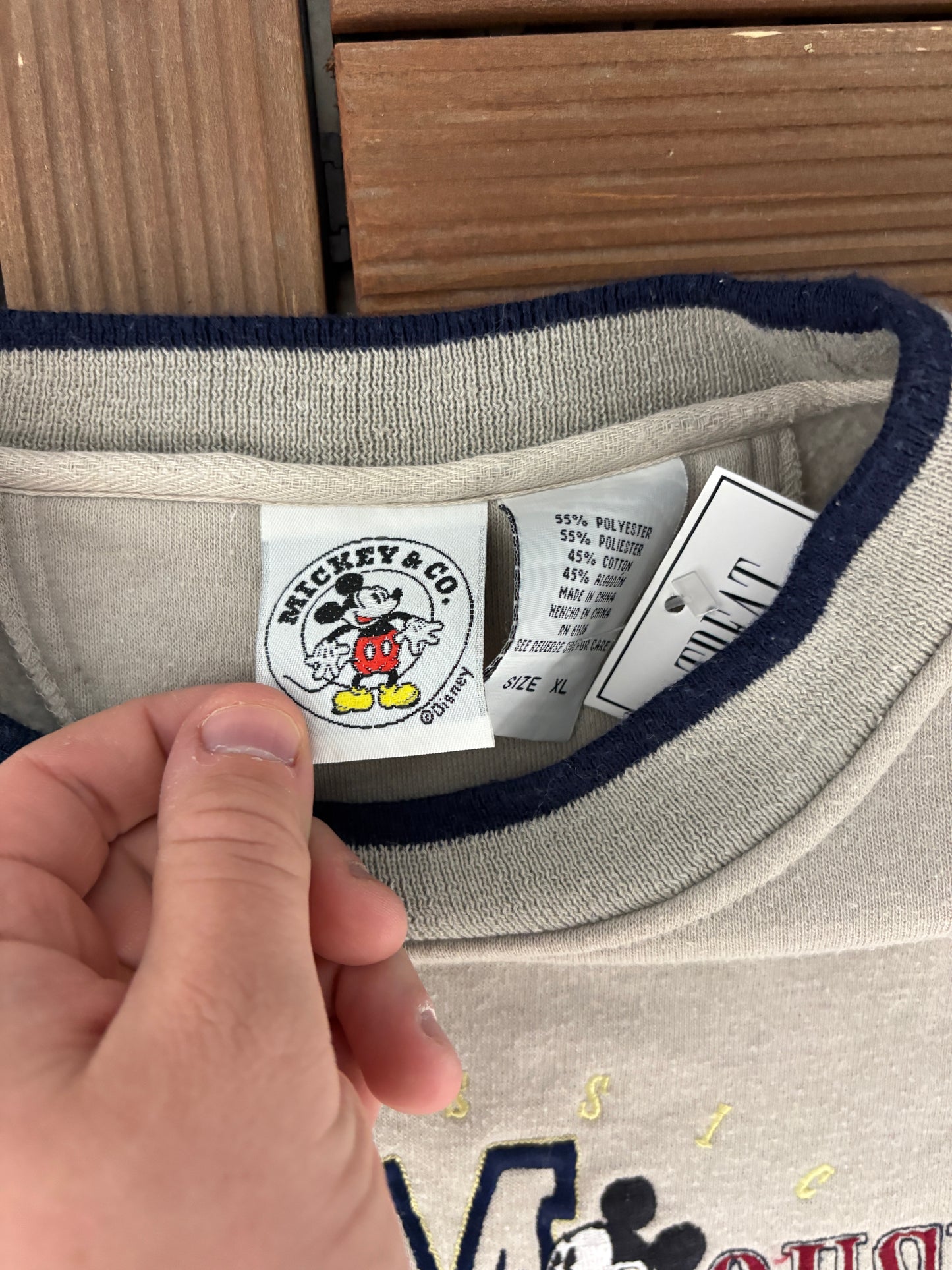 Mickey Mouse Embroidered Graphic Crewneck | Size X-Large | Vintage 2000s Disney Promotional Beige Sweater |