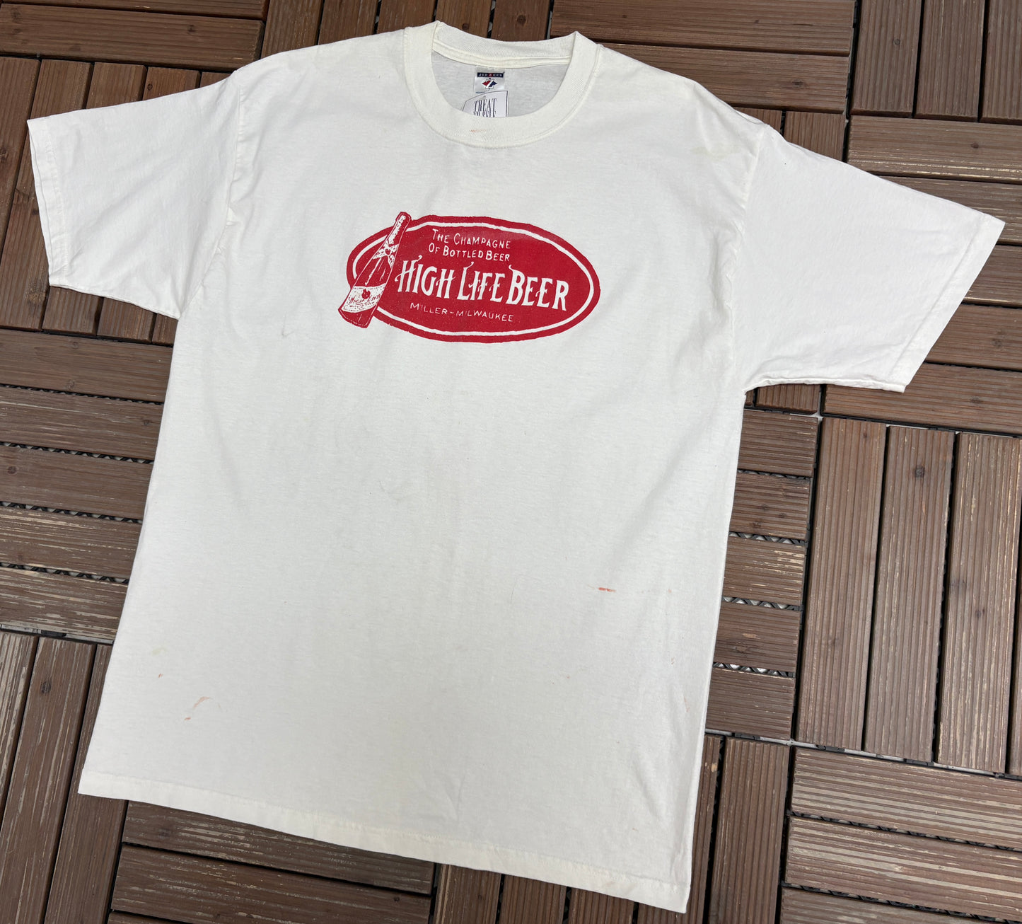 Miller High Life Beer Graphic Tee | Size X-Large | Vintage 2000s White Alcohol Promotional T-Shirt |