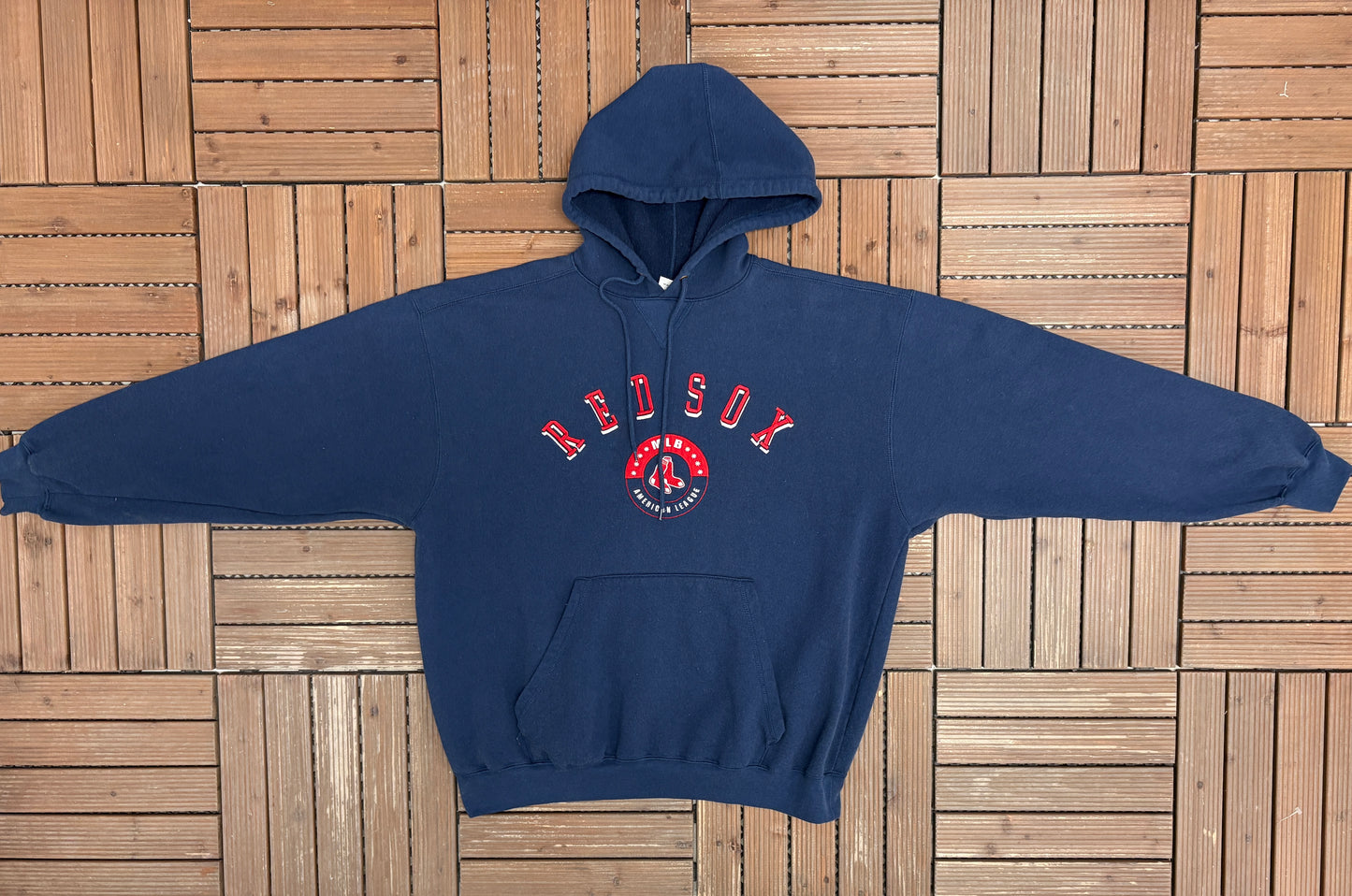 Boston Red Sox Embroidered Graphic Hoodie | Size Large | Vintage 2000s MLB Baseball Blue Sweater |