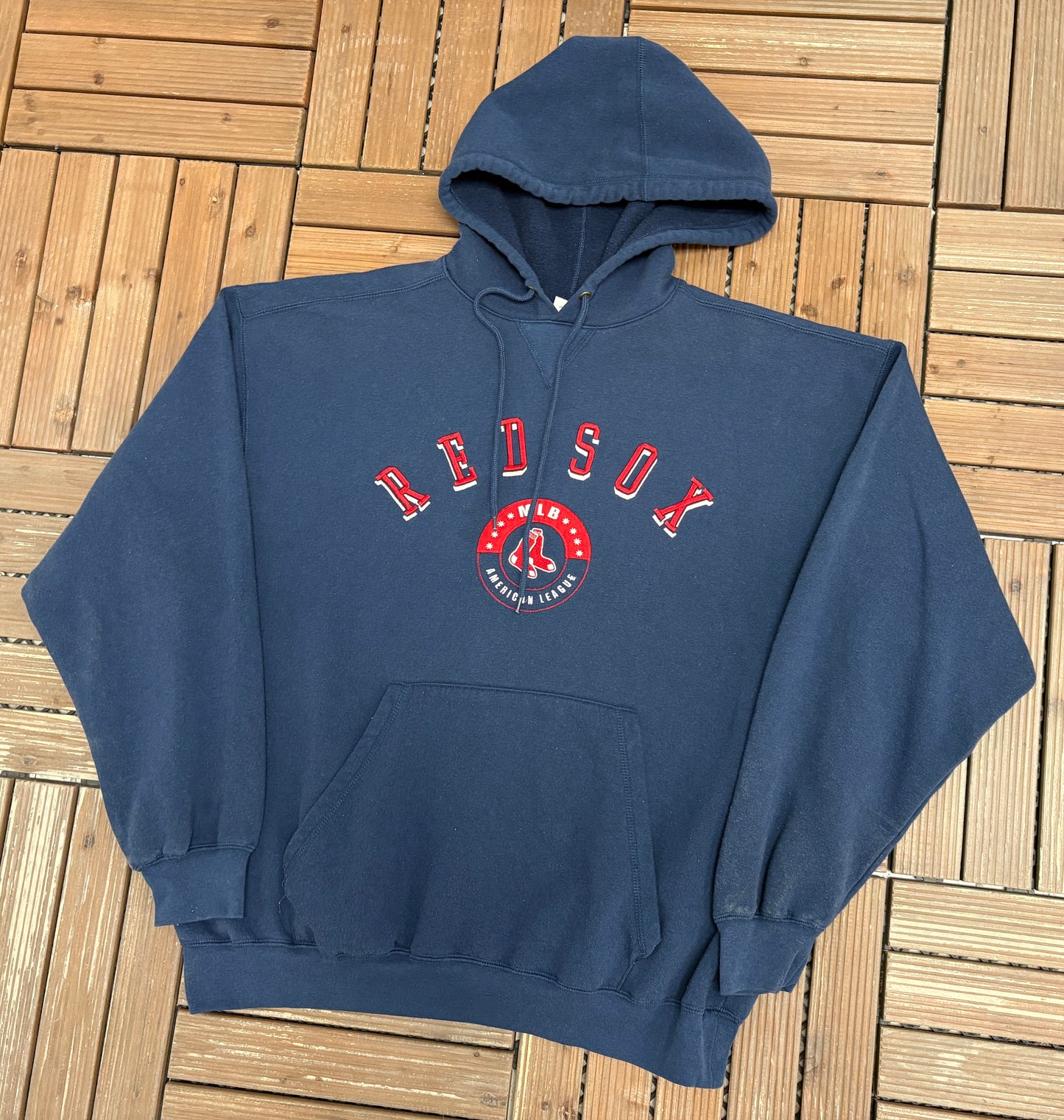 Boston Red Sox Embroidered Graphic Hoodie | Size Large | Vintage 2000s MLB Baseball Blue Sweater |