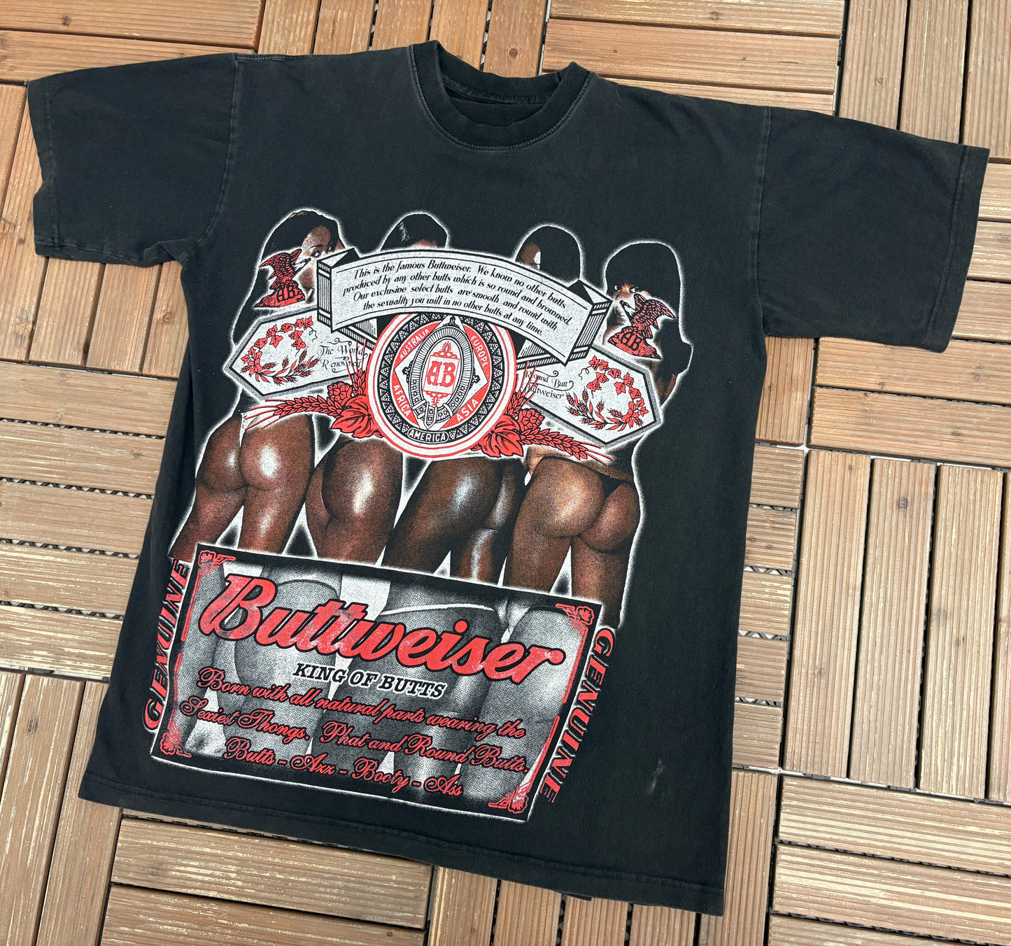 Buttweiser King Of Butts Graphic Tee | Size X-Large | Vintage 2000s Alcohol Promotional Black T-Shirt |