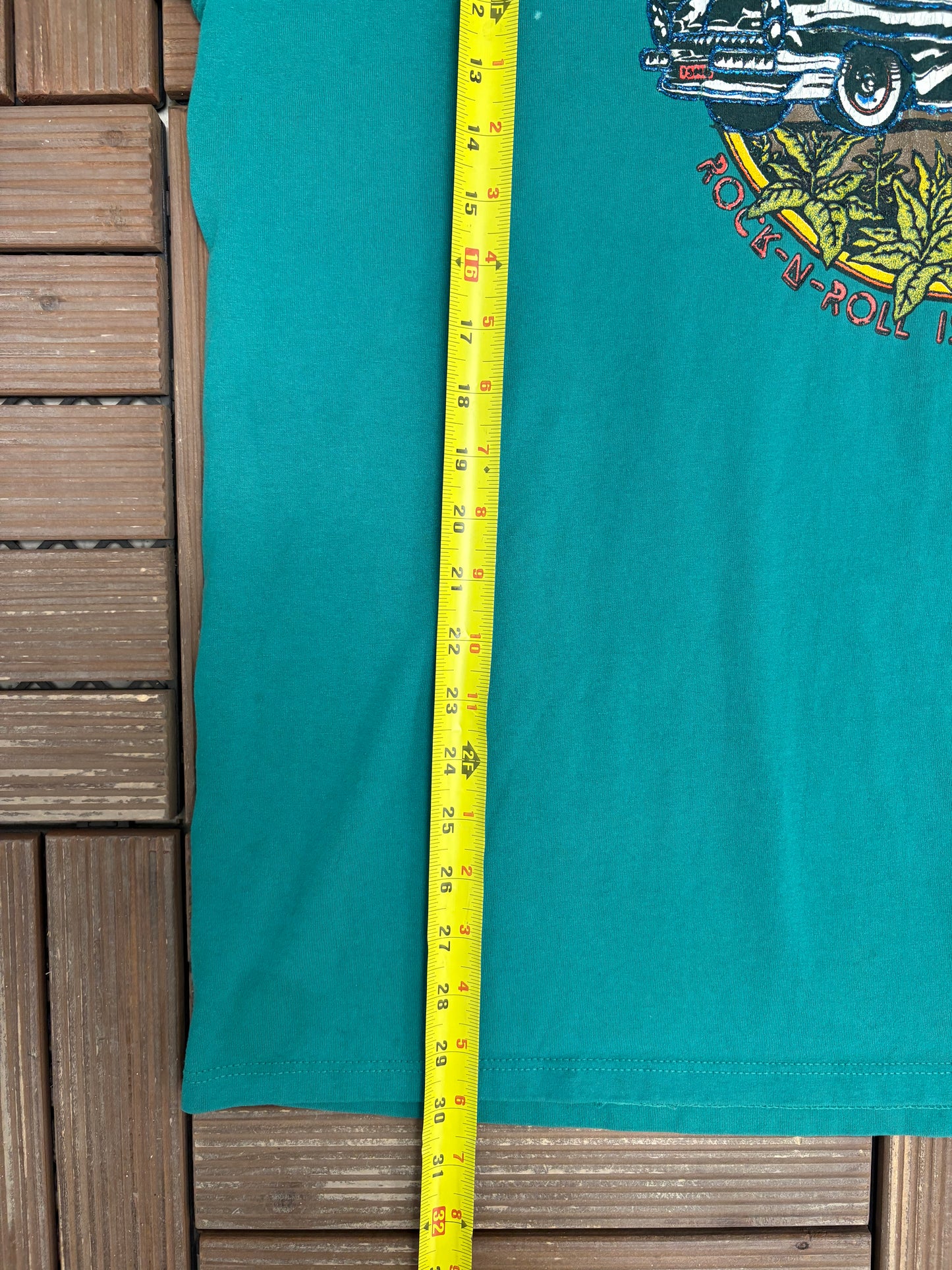 The Hubcap Rock-N-Roll Is Alive-N-Well Graphic Tee | Size XX-Large | Vintage 1990s Promotional Teal T-Shirt |